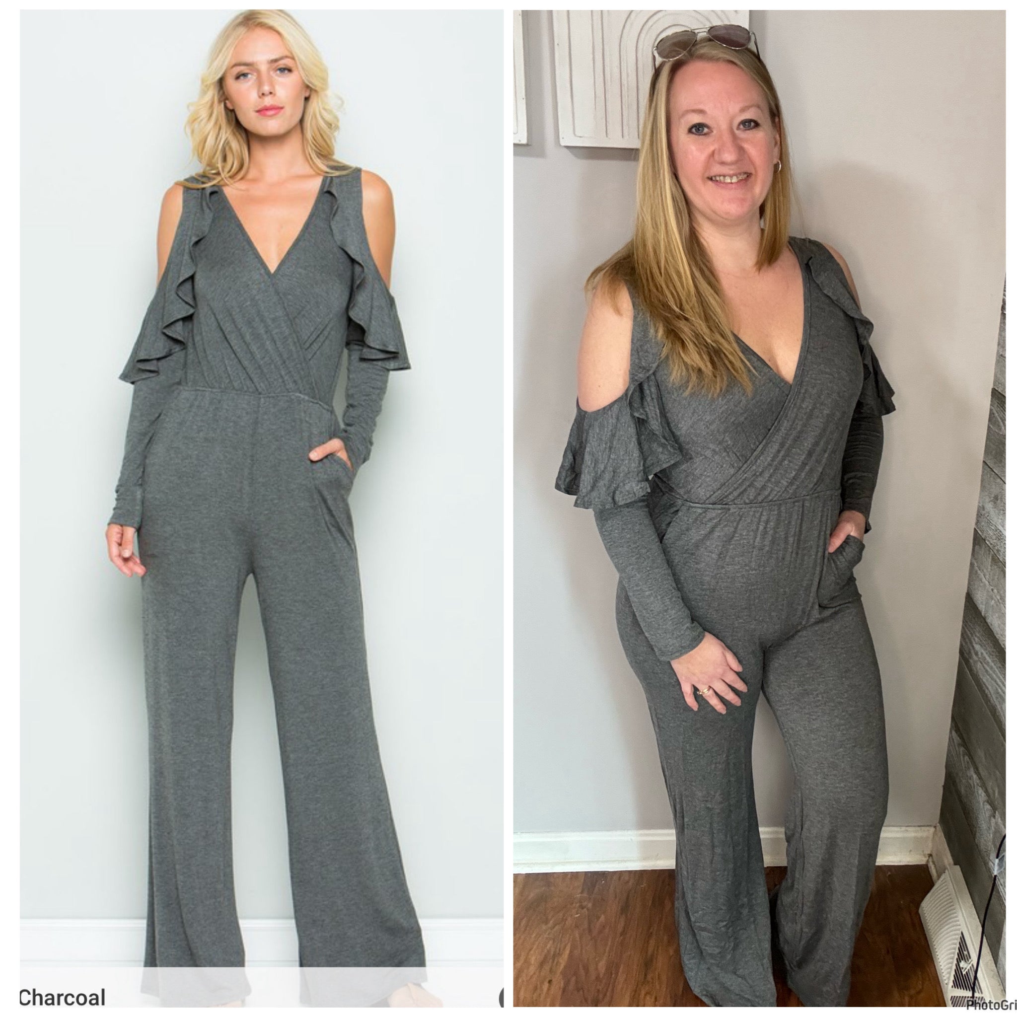 Charcoal Cold Shoulder Ruffle Jumpsuit. M