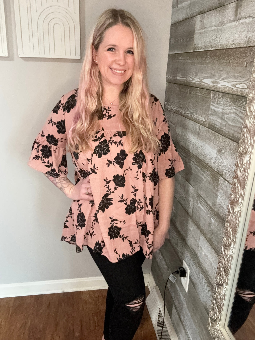 Dusty mauve and black floral print top
