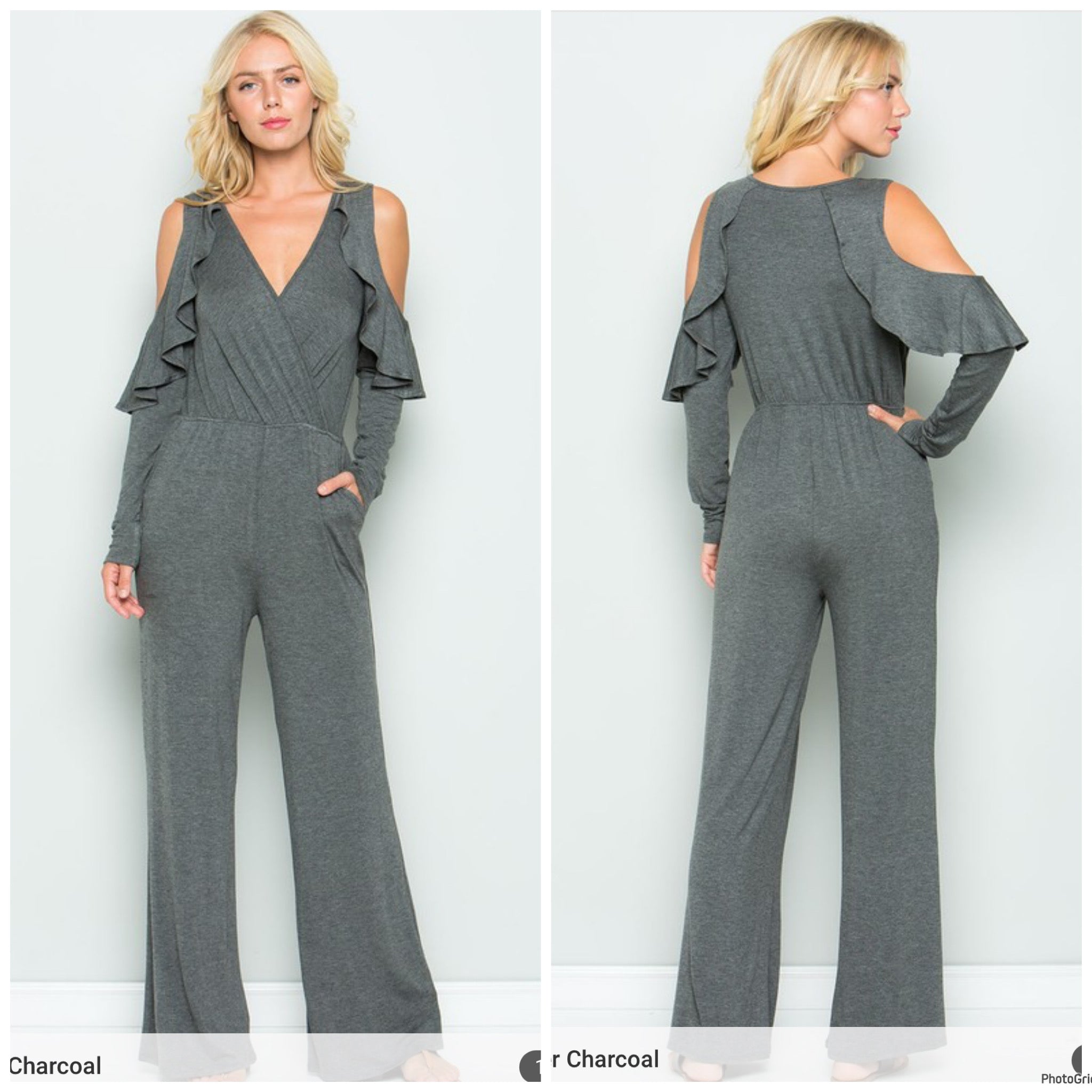Charcoal Cold Shoulder Ruffle Jumpsuit. M