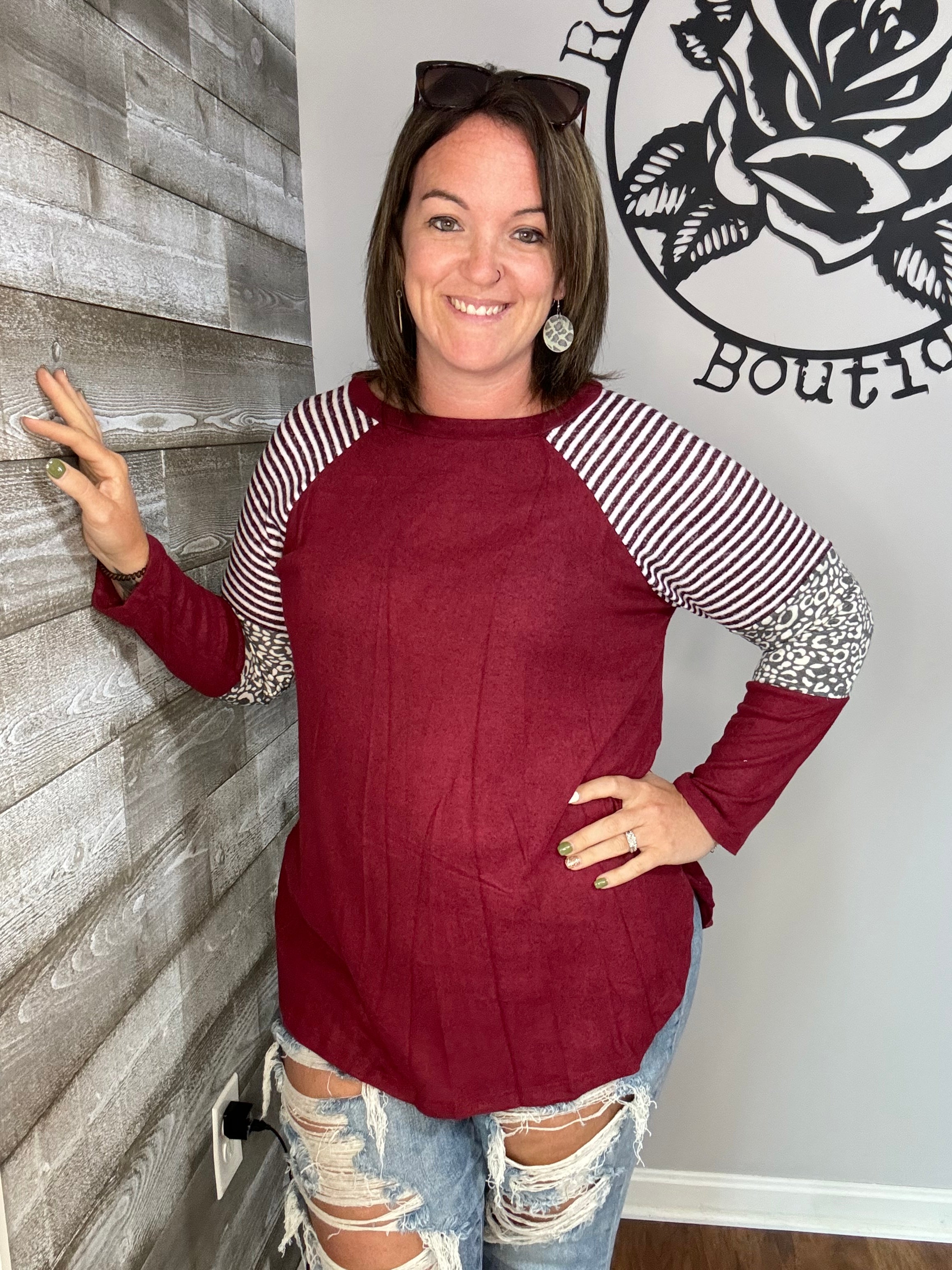 Burgundy hacci brushed top with color block sleeve.s&m