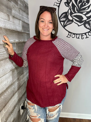 Burgundy hacci brushed top with color block sleeve.s&m