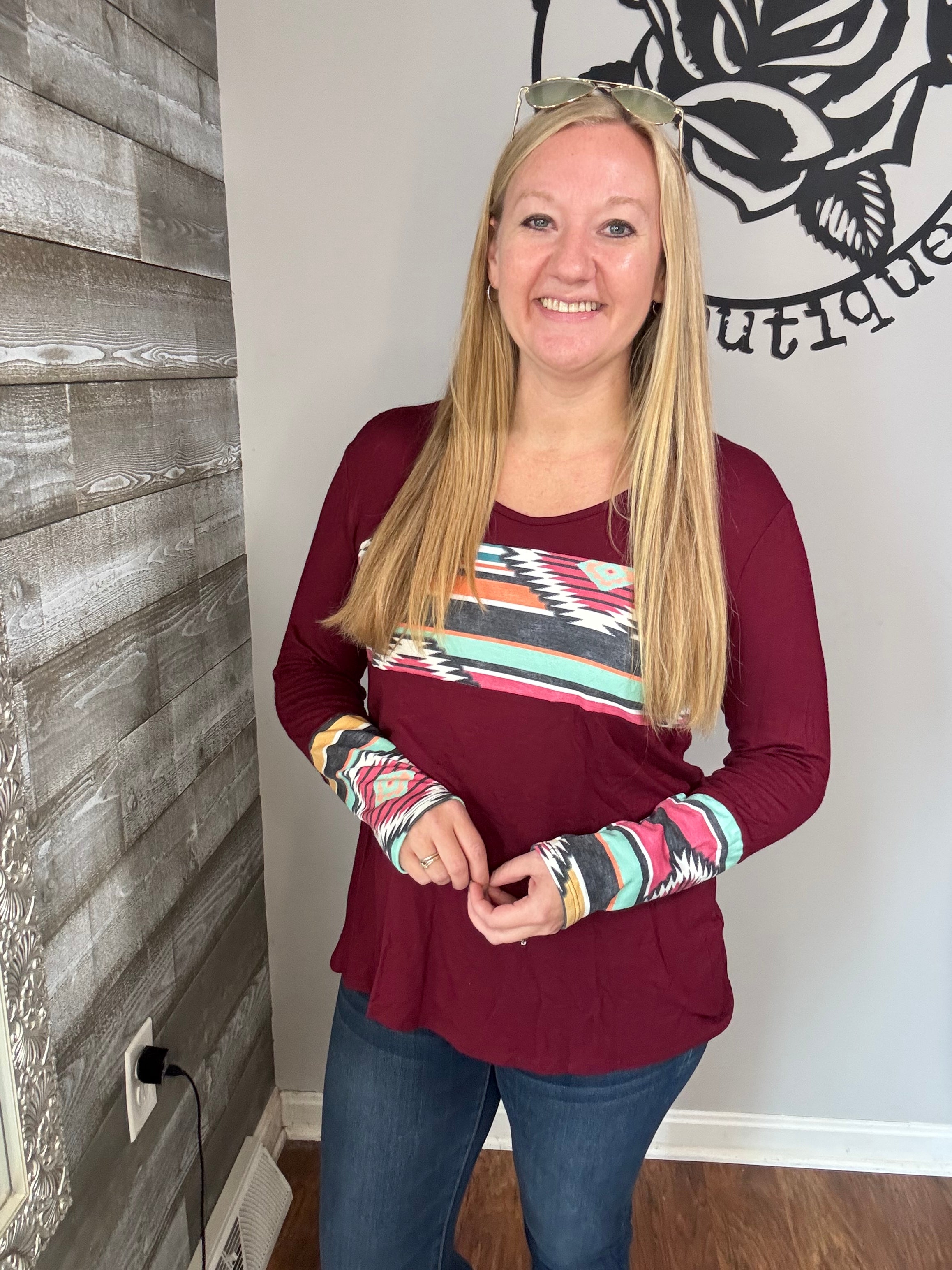 Burgundy Aztec color block top. S/m/l