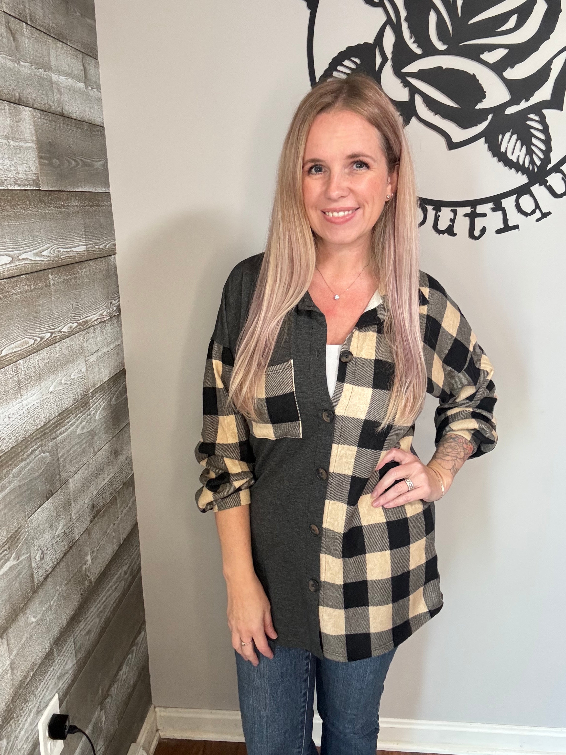 Tan and charcoal plaid button down shirt.  S/m/l