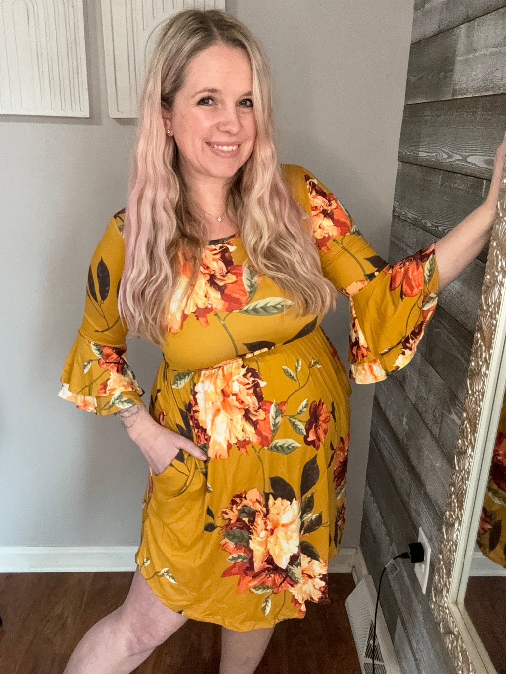 Floral mustard dress with bell sleeves