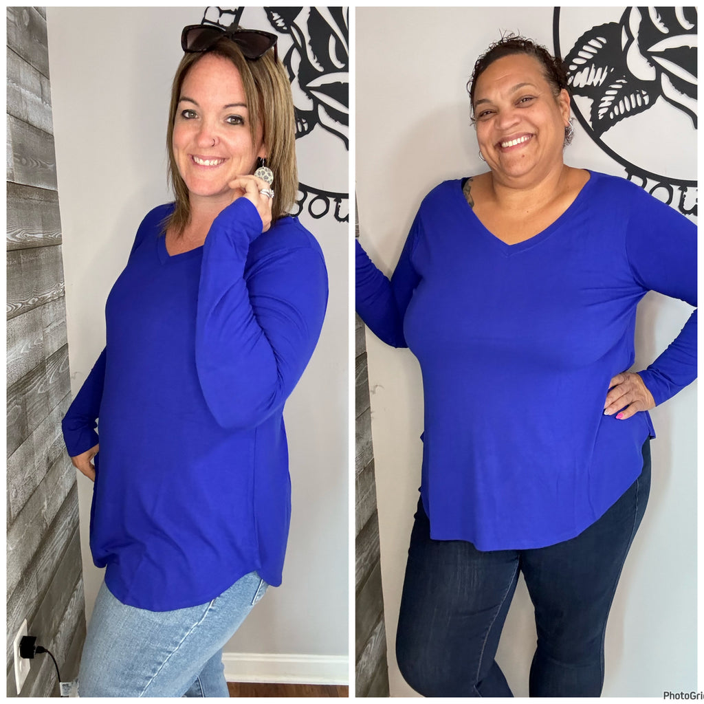 Bright Blue V Neck Round Hem. 2x&3x