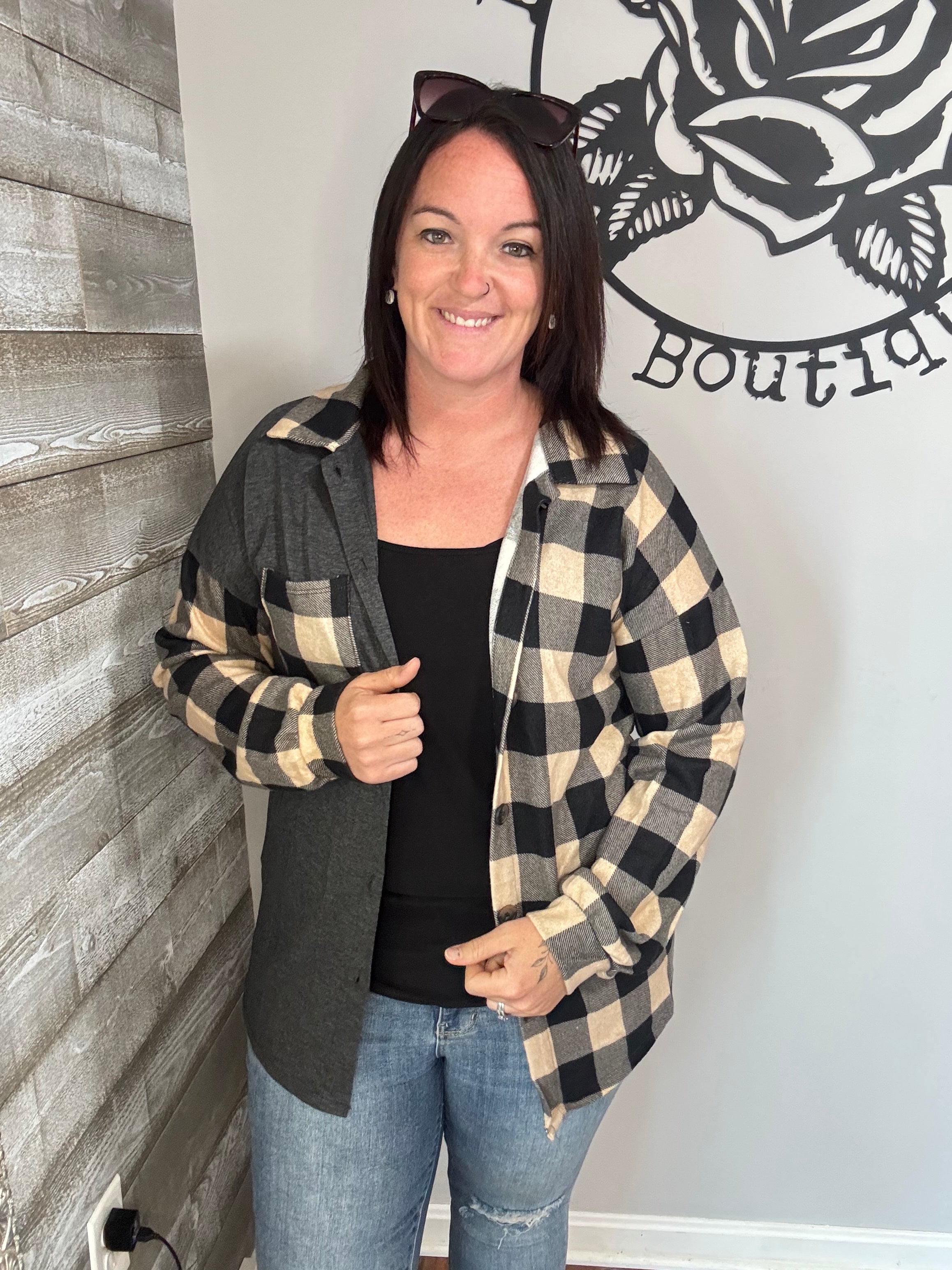 Tan and charcoal plaid button down shirt.  S/m/l