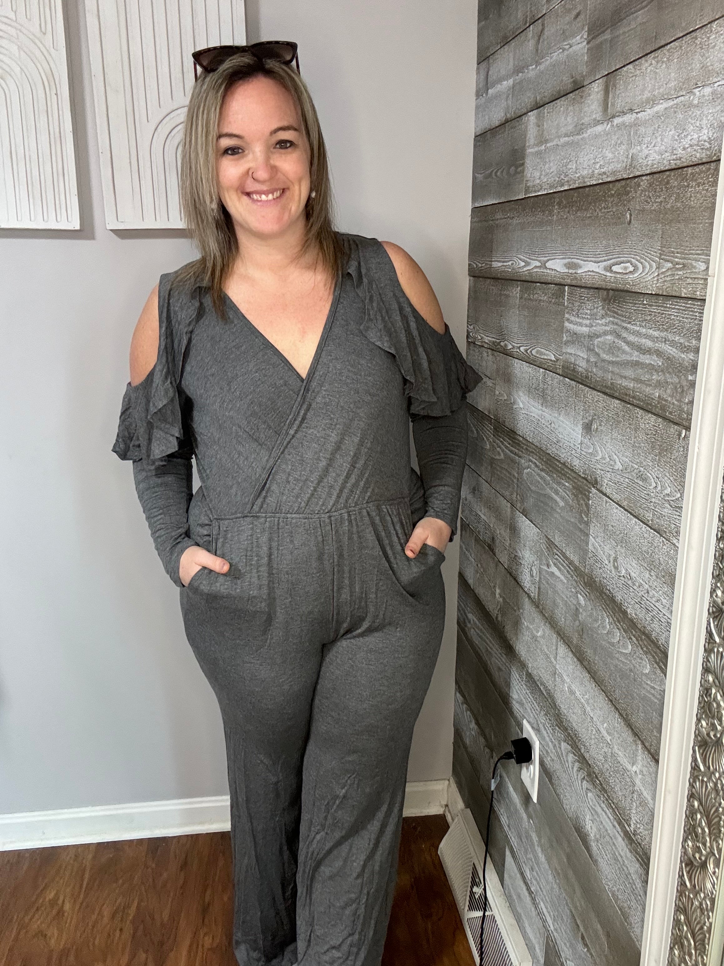 Charcoal Cold Shoulder Ruffle Jumpsuit. M