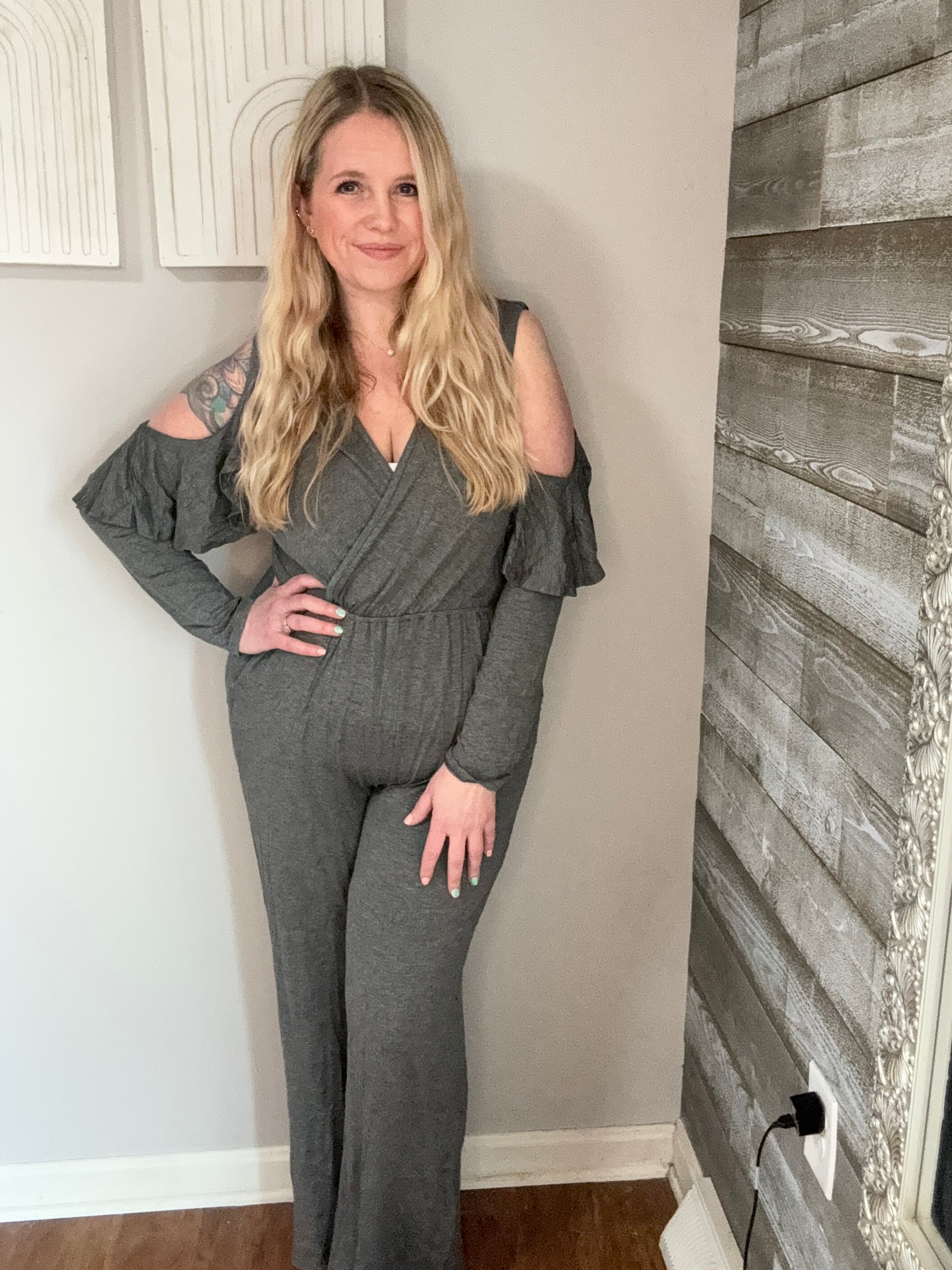 Charcoal Cold Shoulder Ruffle Jumpsuit. M