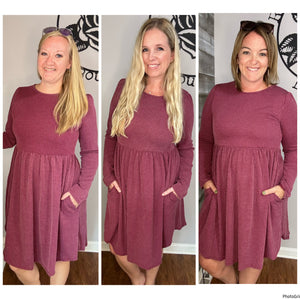 Burgundy urban ribbed babydoll dress with pockets. S&M