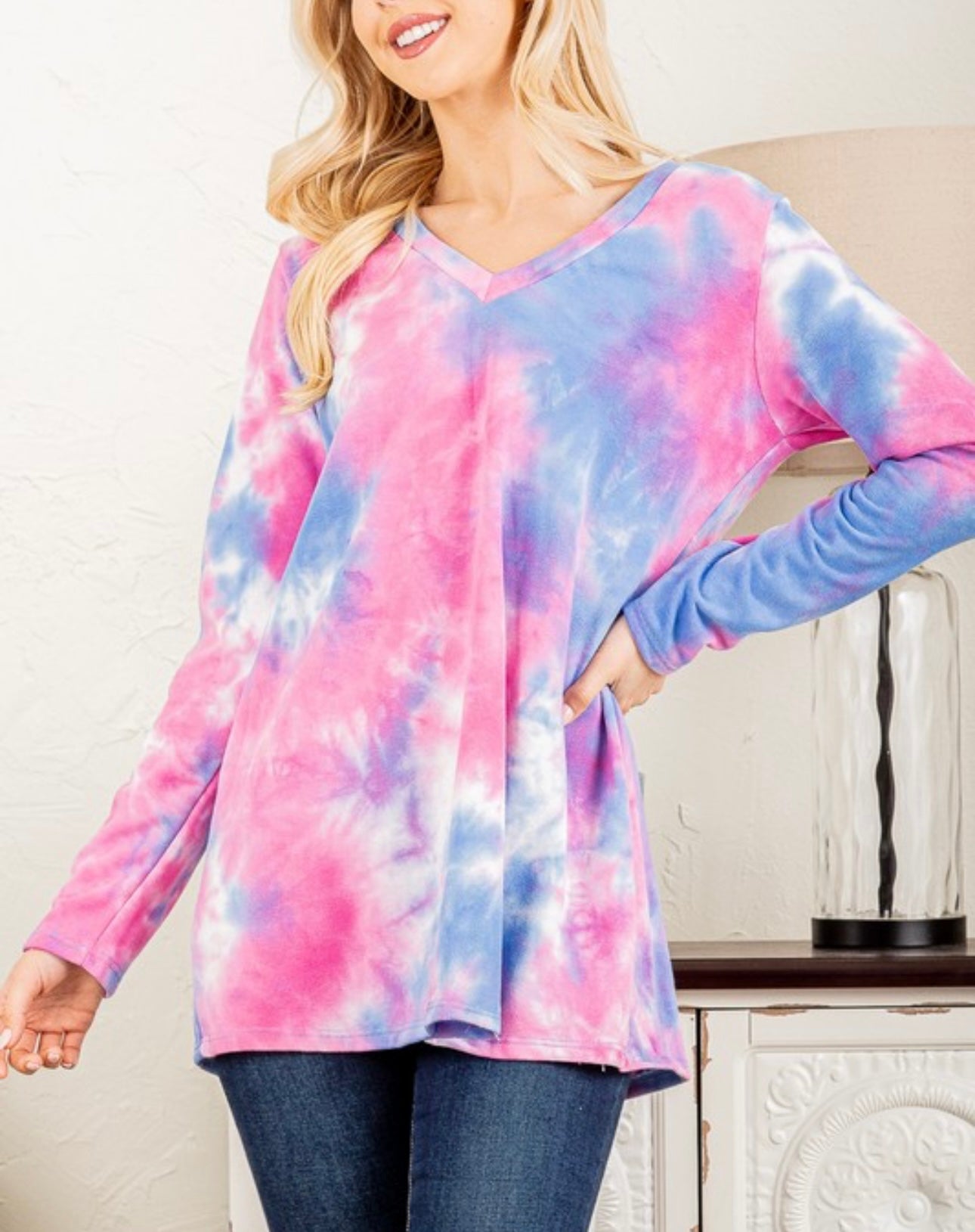 Pink blue tie dye French terry tunic top. S/m/l