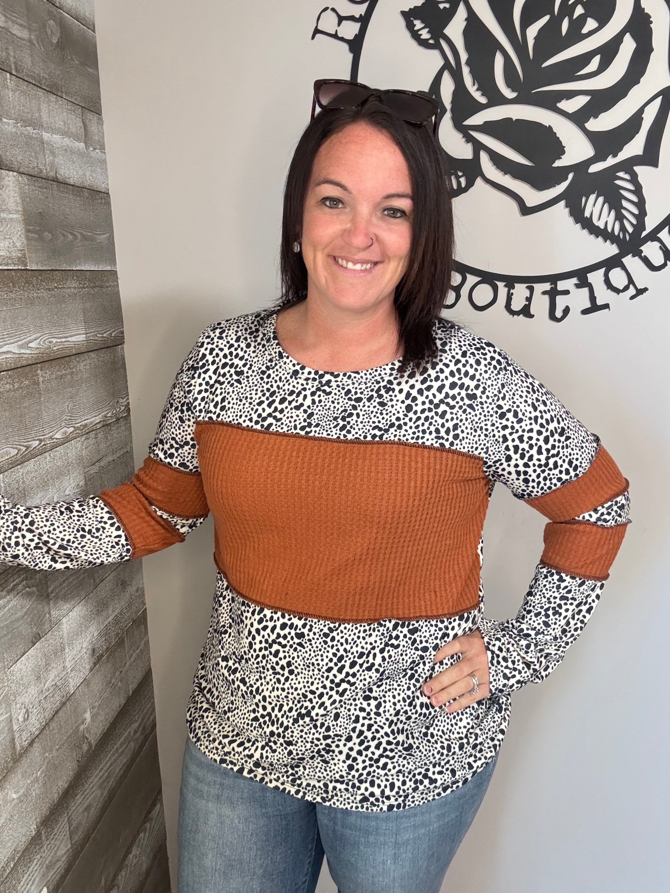 Cheetah print and rust color block top. 1x/2x/3x
