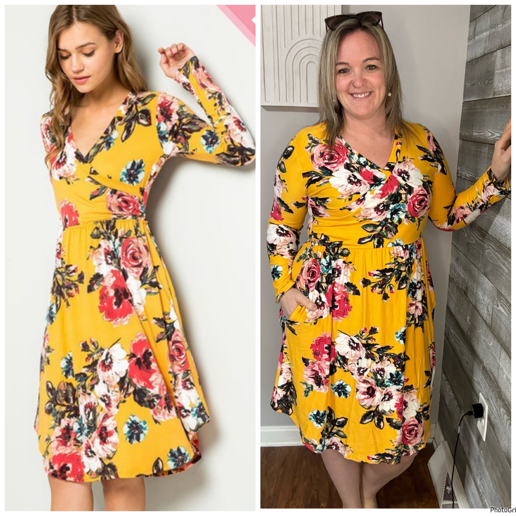 Mustard Floral Print Surplice Dress. 2x