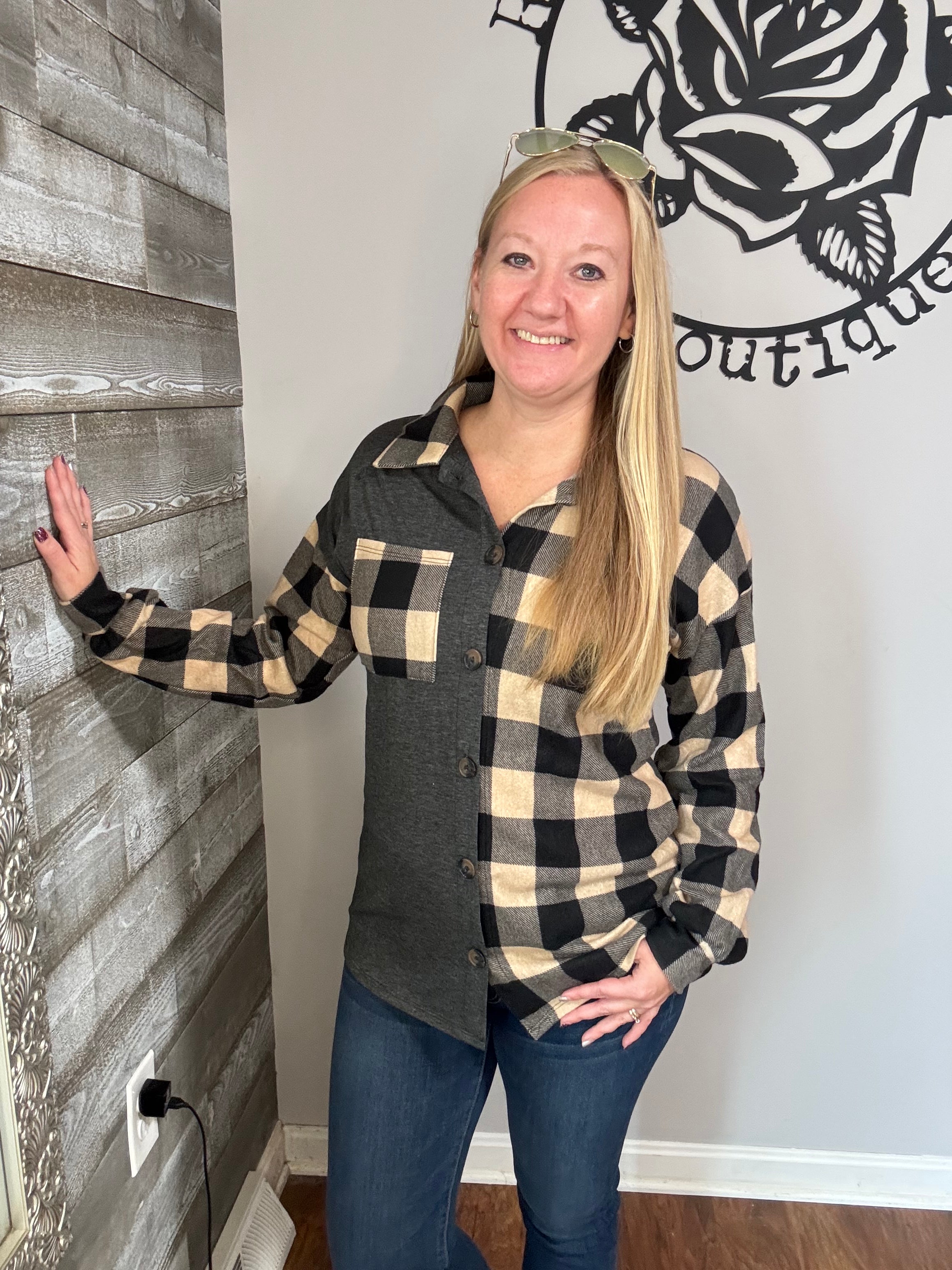 Tan and charcoal plaid button down shirt.  S/m/l