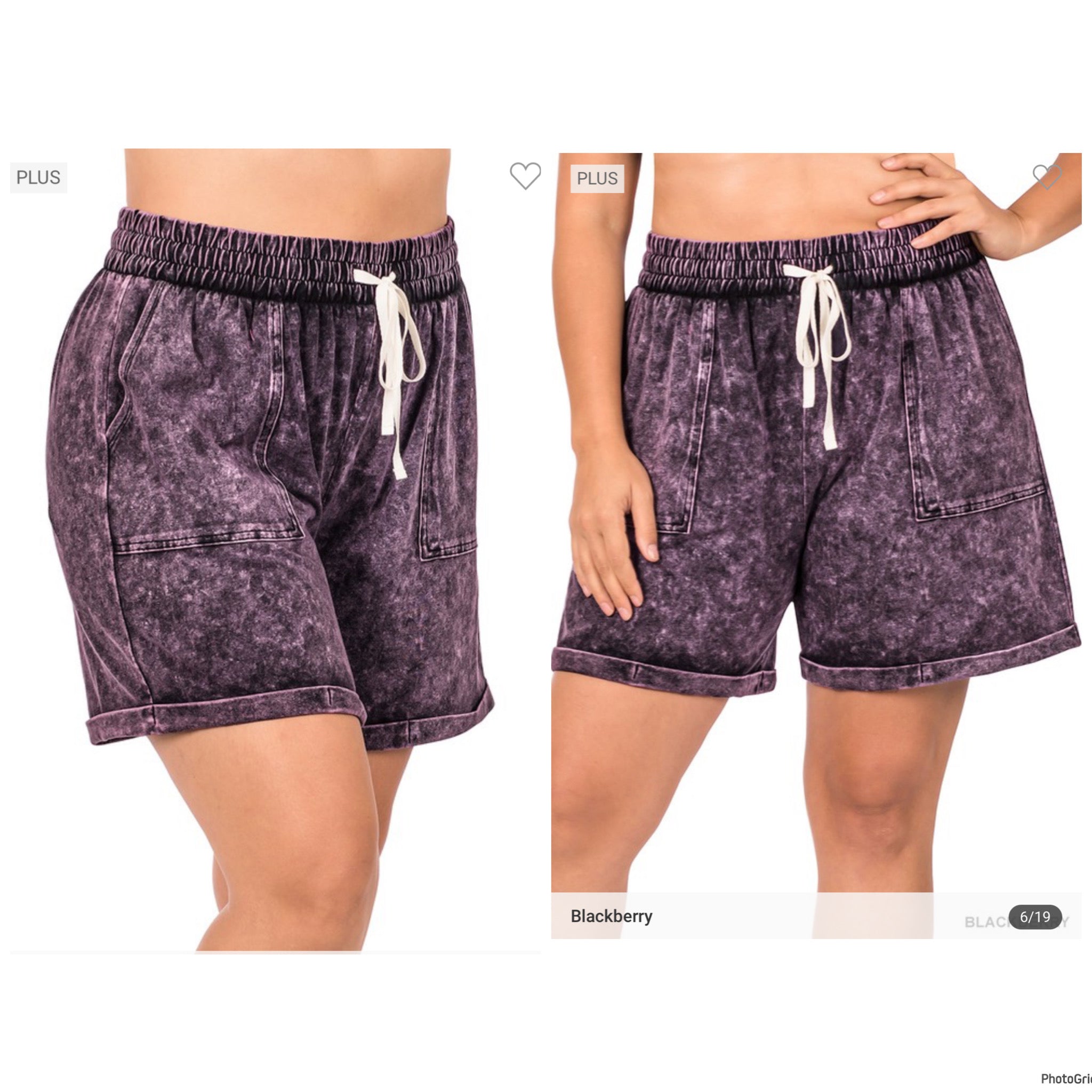 Blackberry mineral washed drawstring shorts. 1x/2x