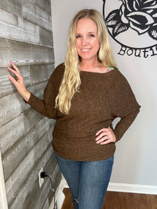 Brown ribbed brush off shoulder top. S&L