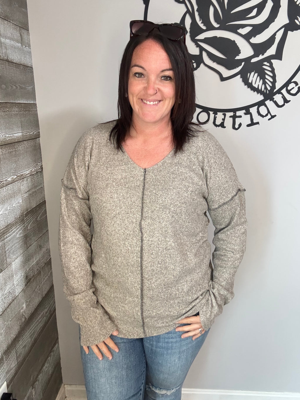 Mocha ribbed v neck sweater. 1x/2x/3x