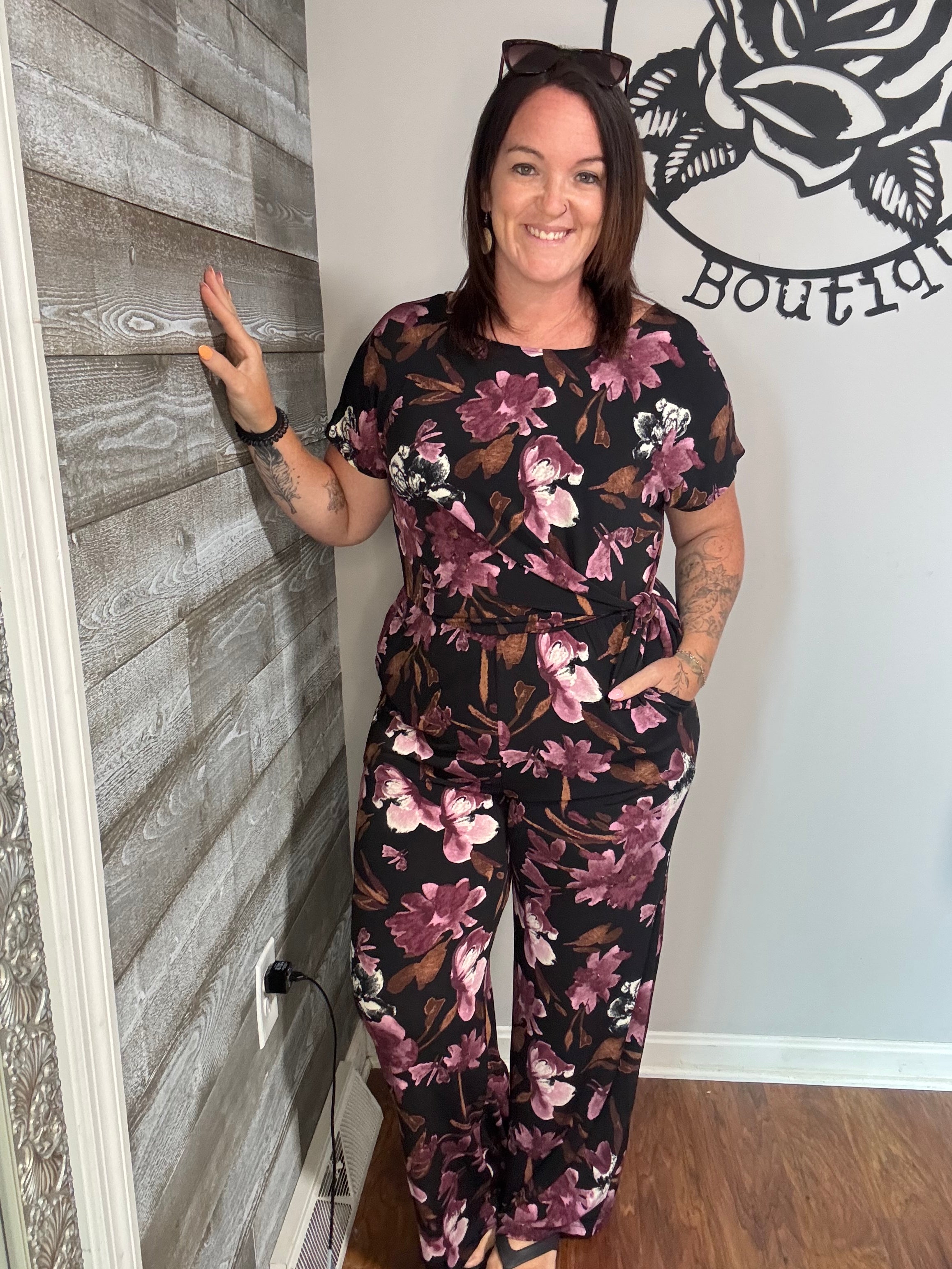 Black plum floral side tie jumpsuit. S&M