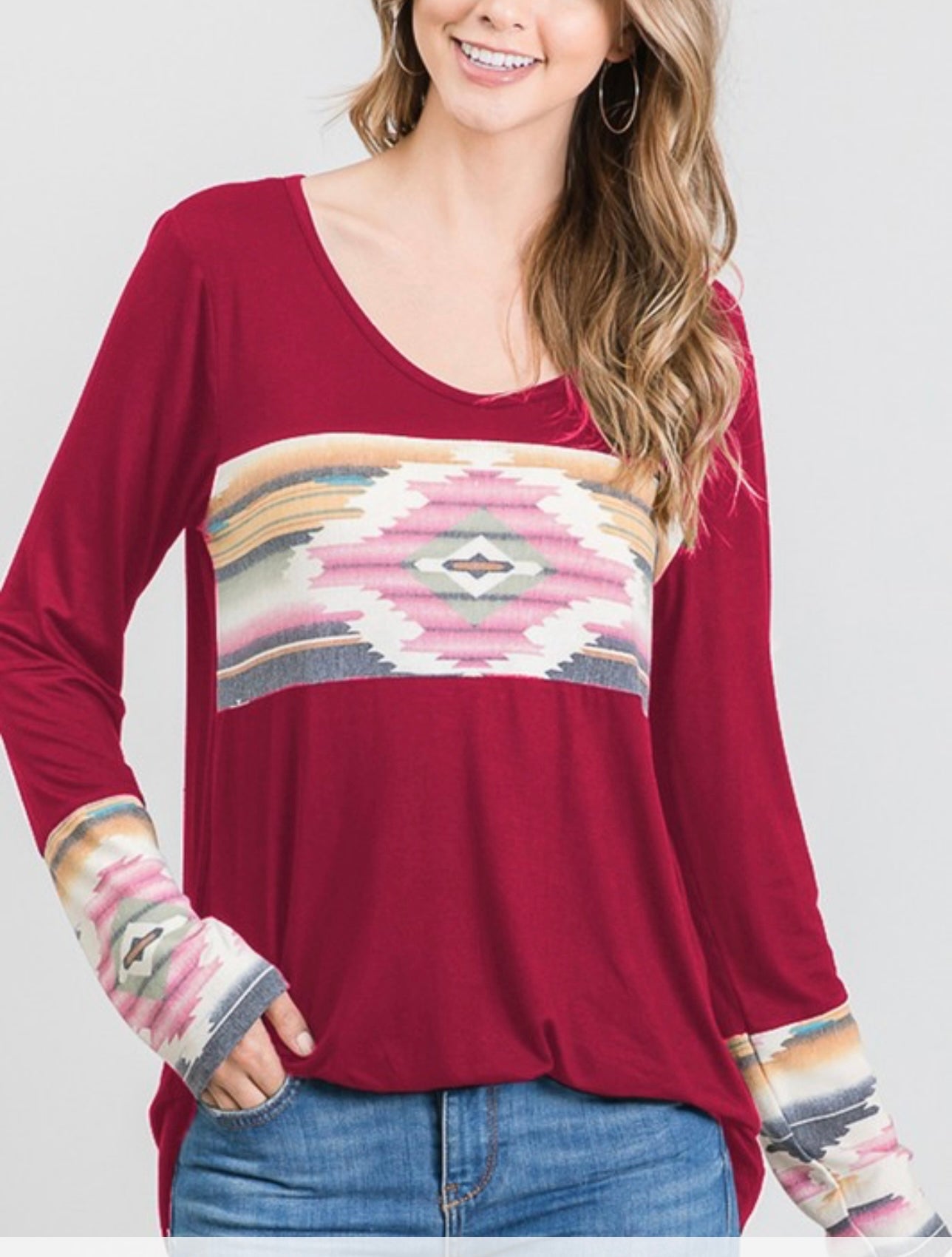 Burgundy Aztec color block top. S/m/l