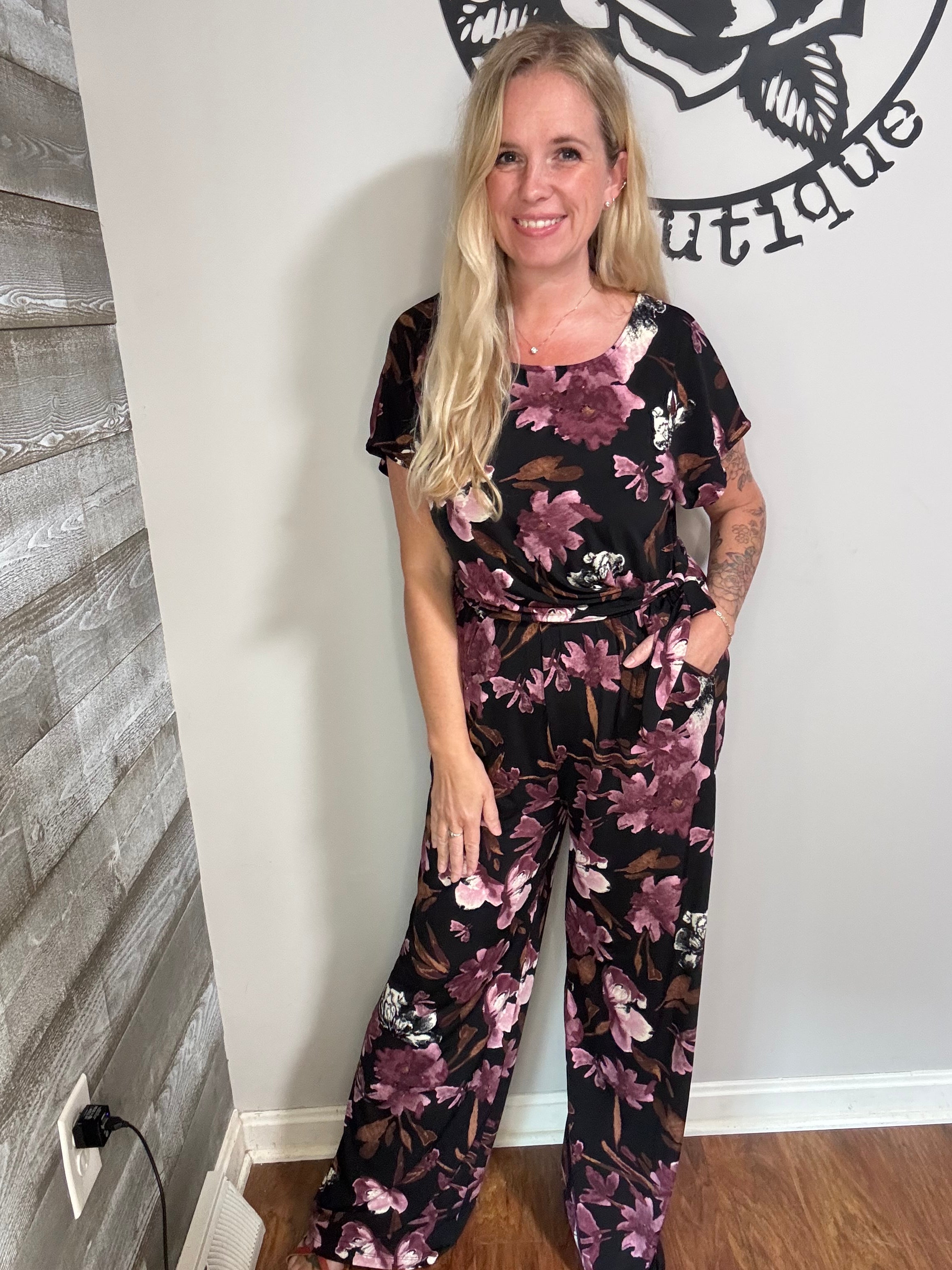 Black plum floral side tie jumpsuit. S&M