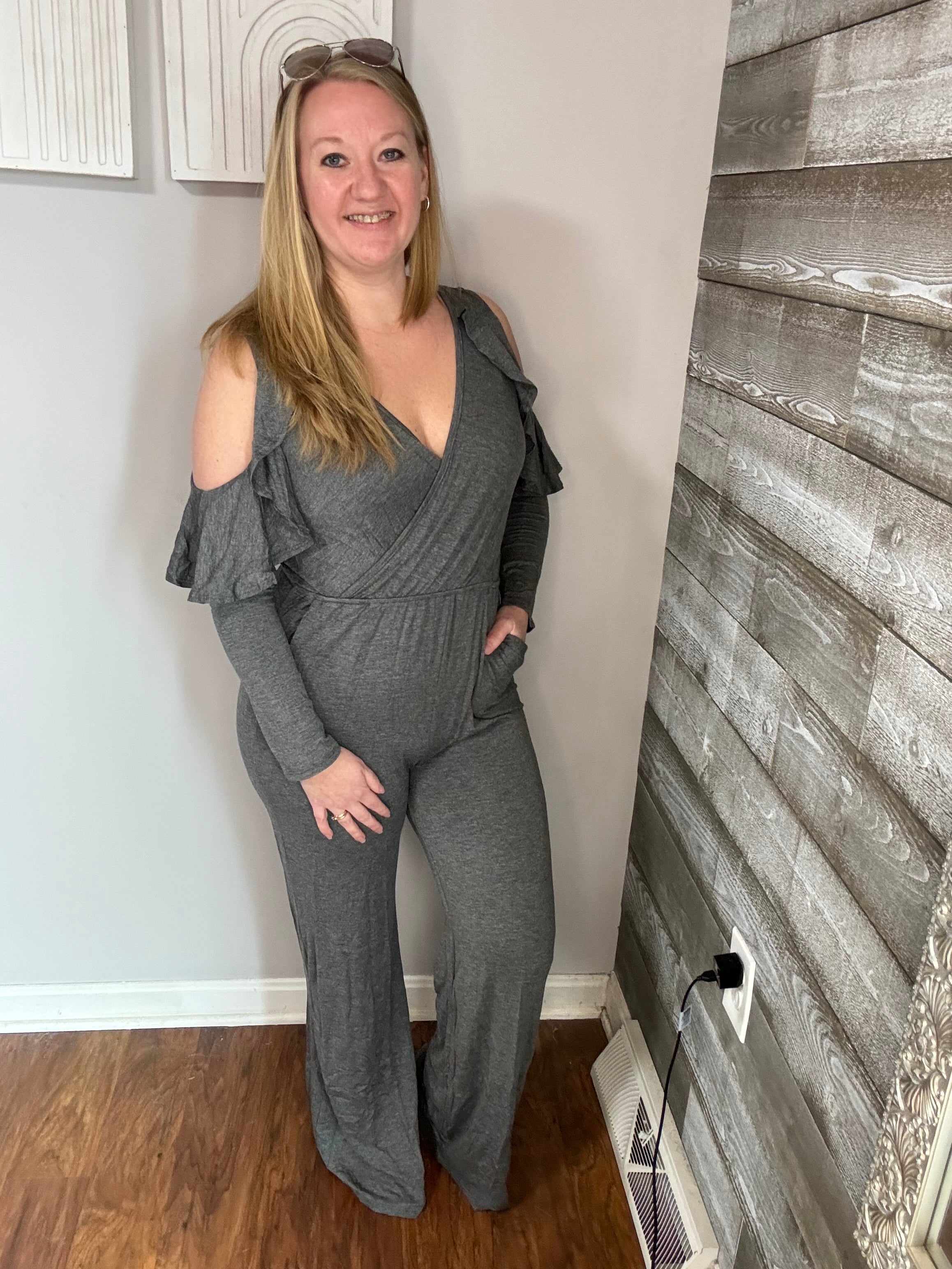 Charcoal Cold Shoulder Ruffle Jumpsuit. M