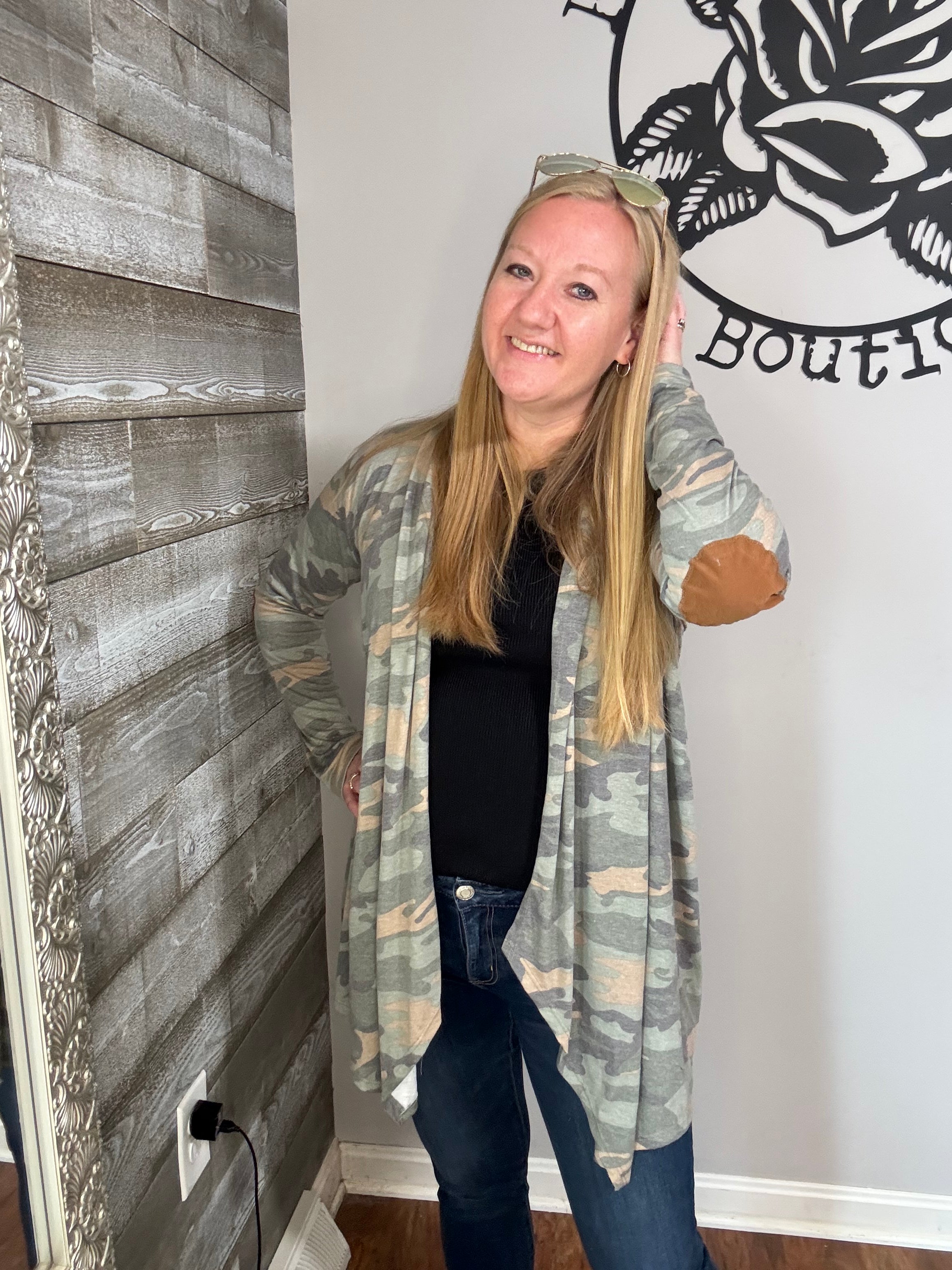 Camo cardigan with elbow patches. S