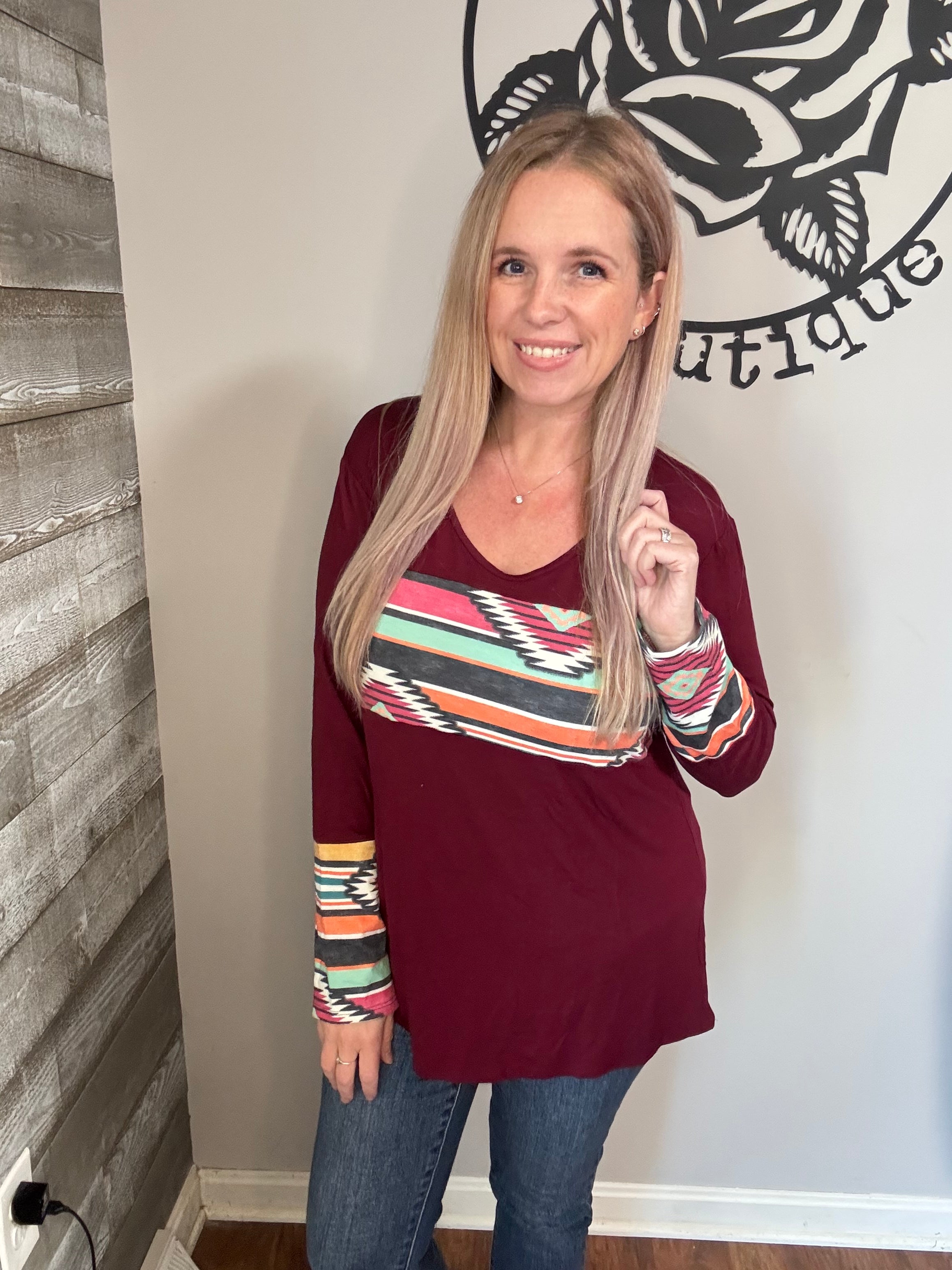 Burgundy Aztec color block top. S/m/l