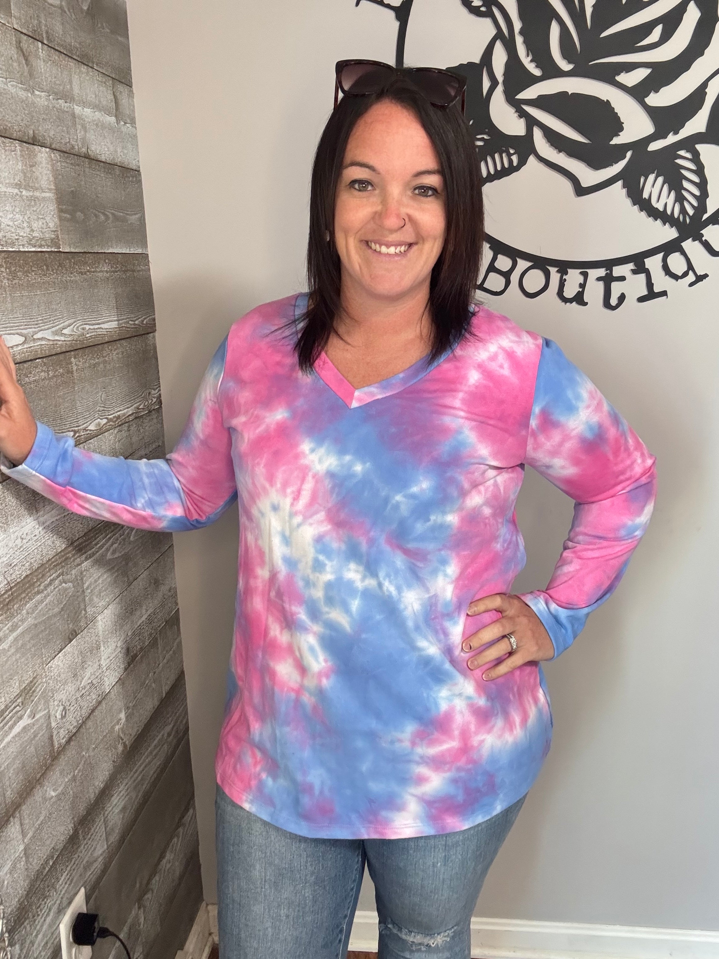 Pink blue tie dye French terry tunic top. S/m/l