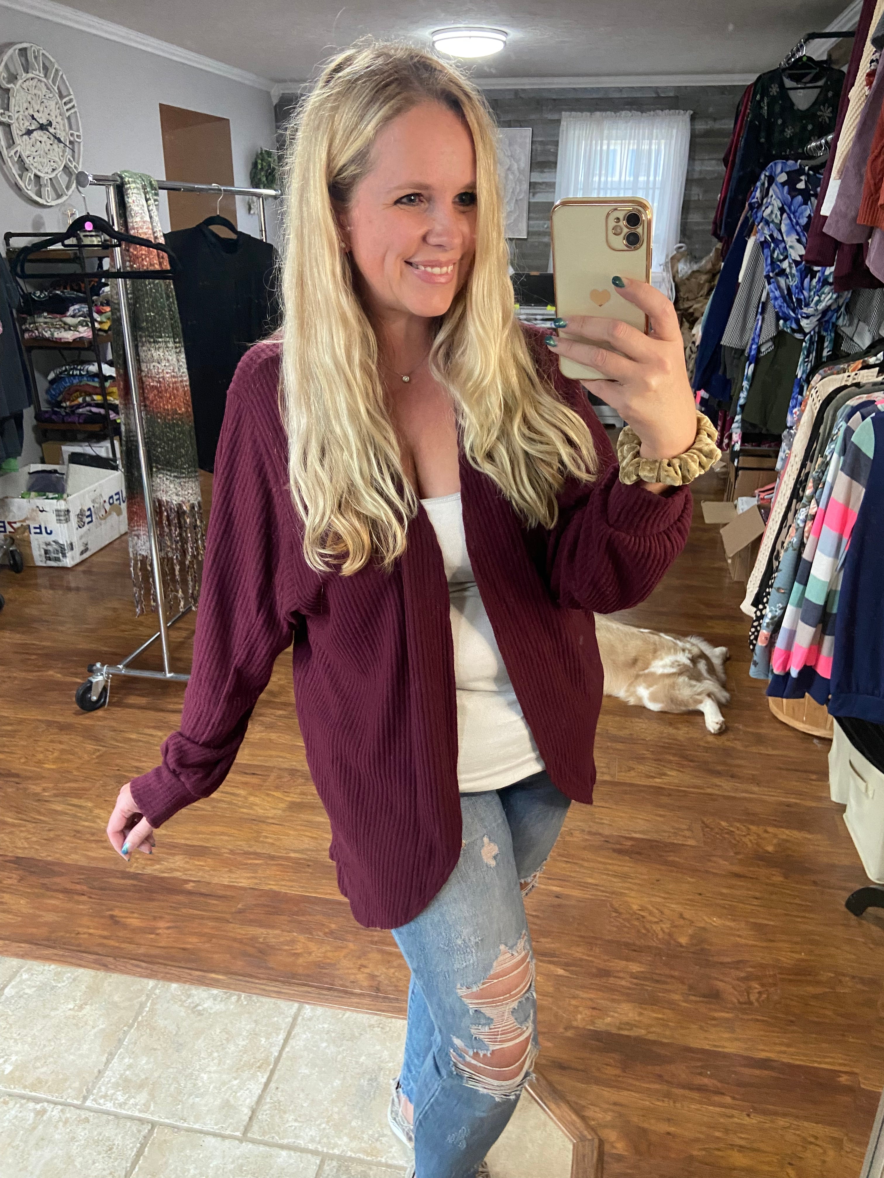 Burgundy Waffle Knit Cardigan. 3x