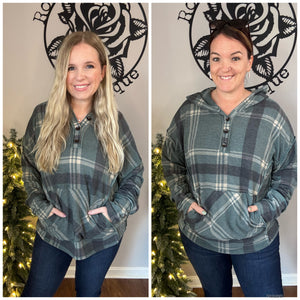 Jade plaid button front hoodie top with pocket and thumb holes. S&xl