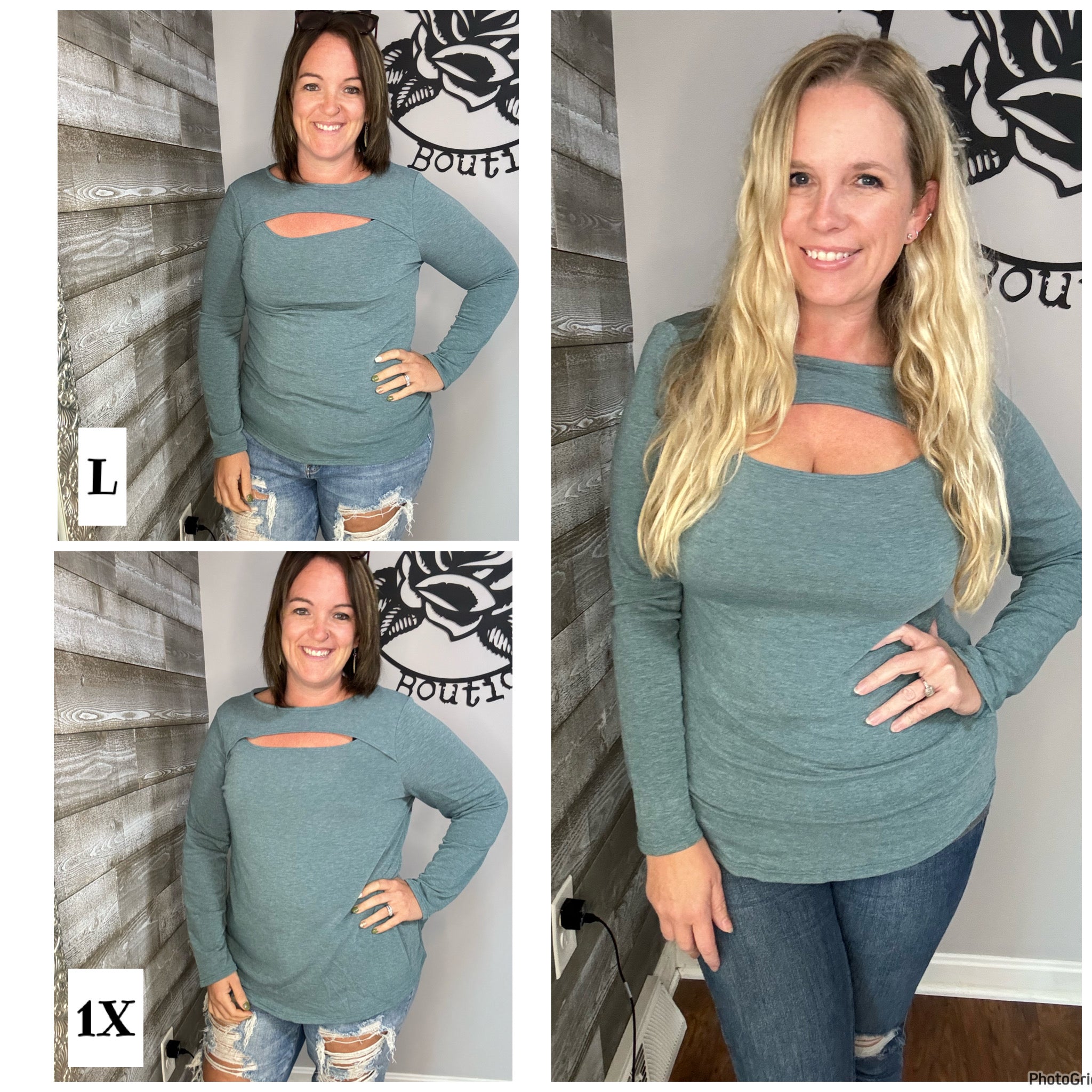 Teal French terry with cut out detail long sleeve top. S,m,1x,2x,3x