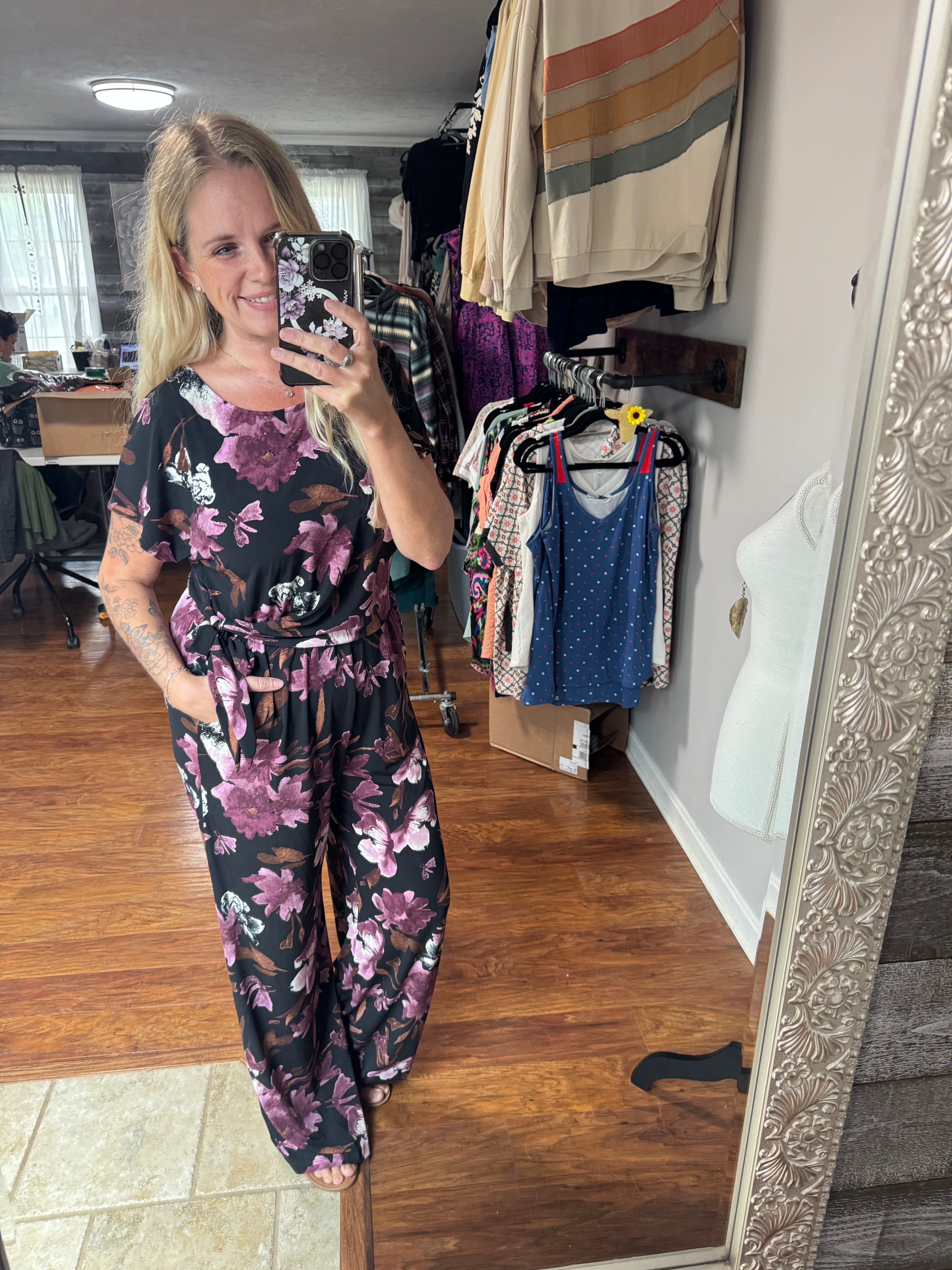 Black plum floral side tie jumpsuit. S&M