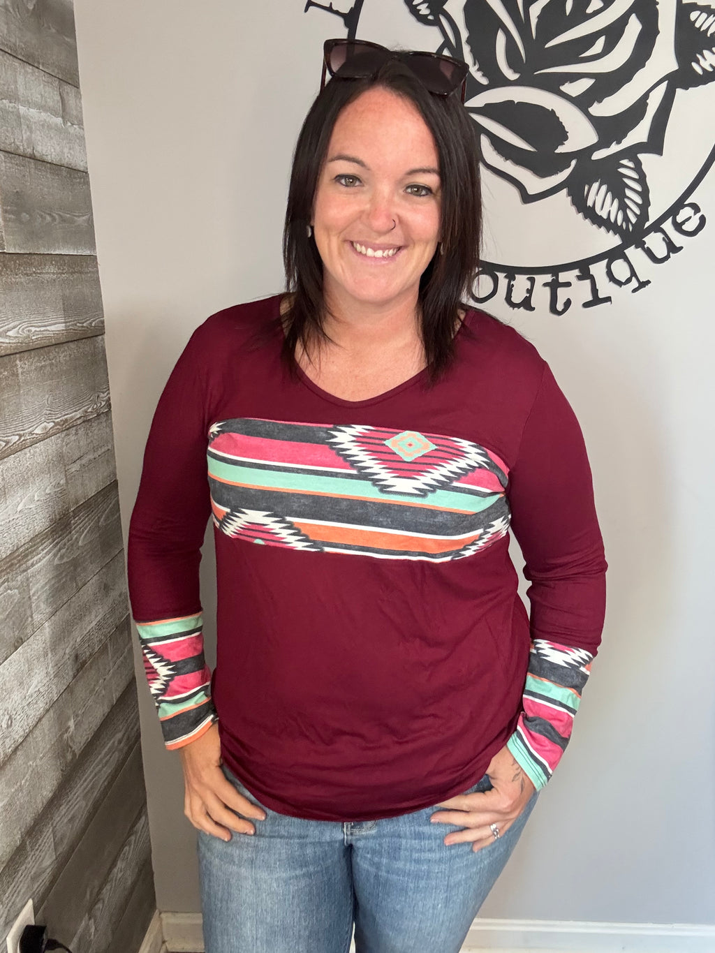 Burgundy Aztec color block top. S/m/l