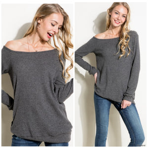 Charcoal waffle knit off shoulder top