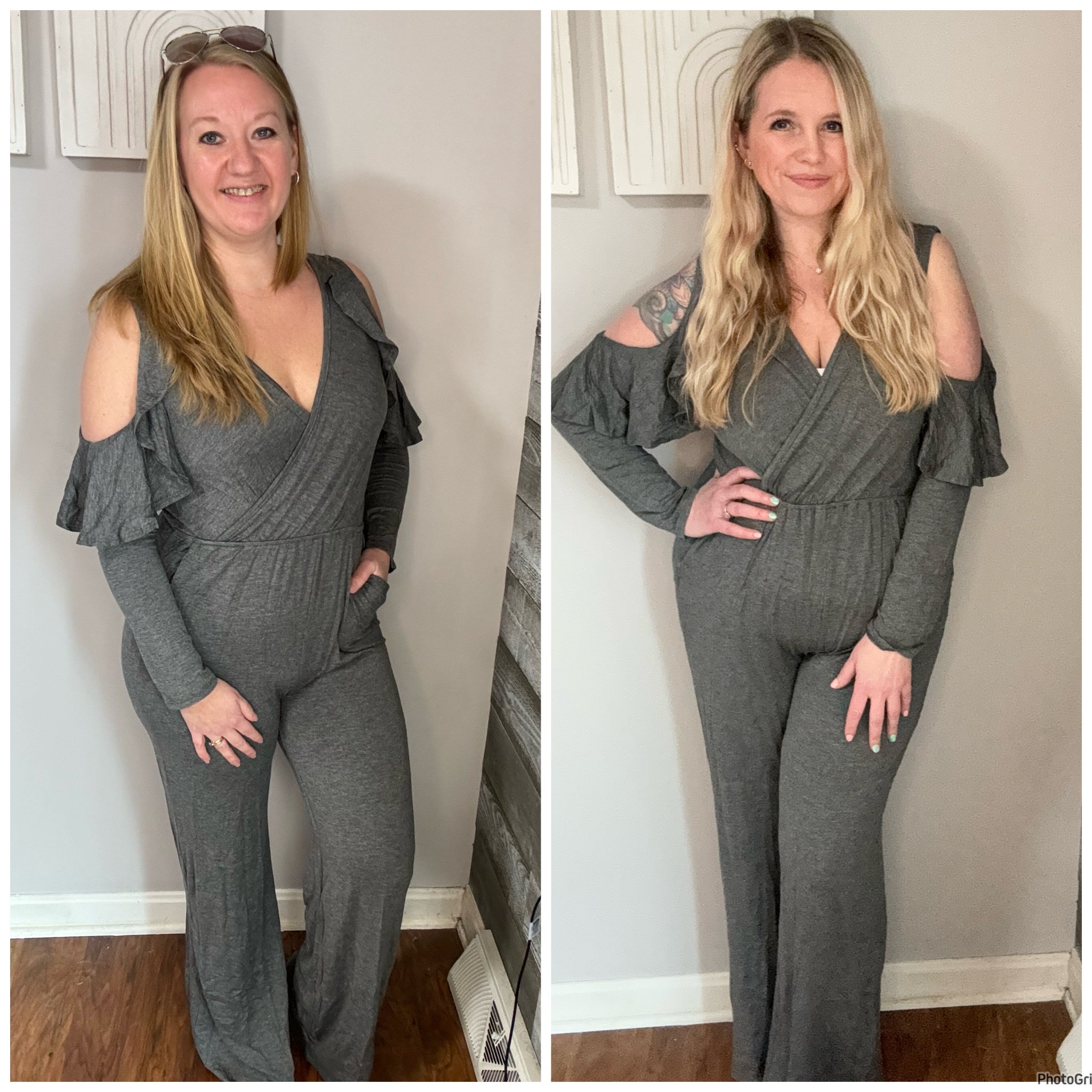 Charcoal Cold Shoulder Ruffle Jumpsuit. M