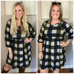 Olive plaid midi dress. S