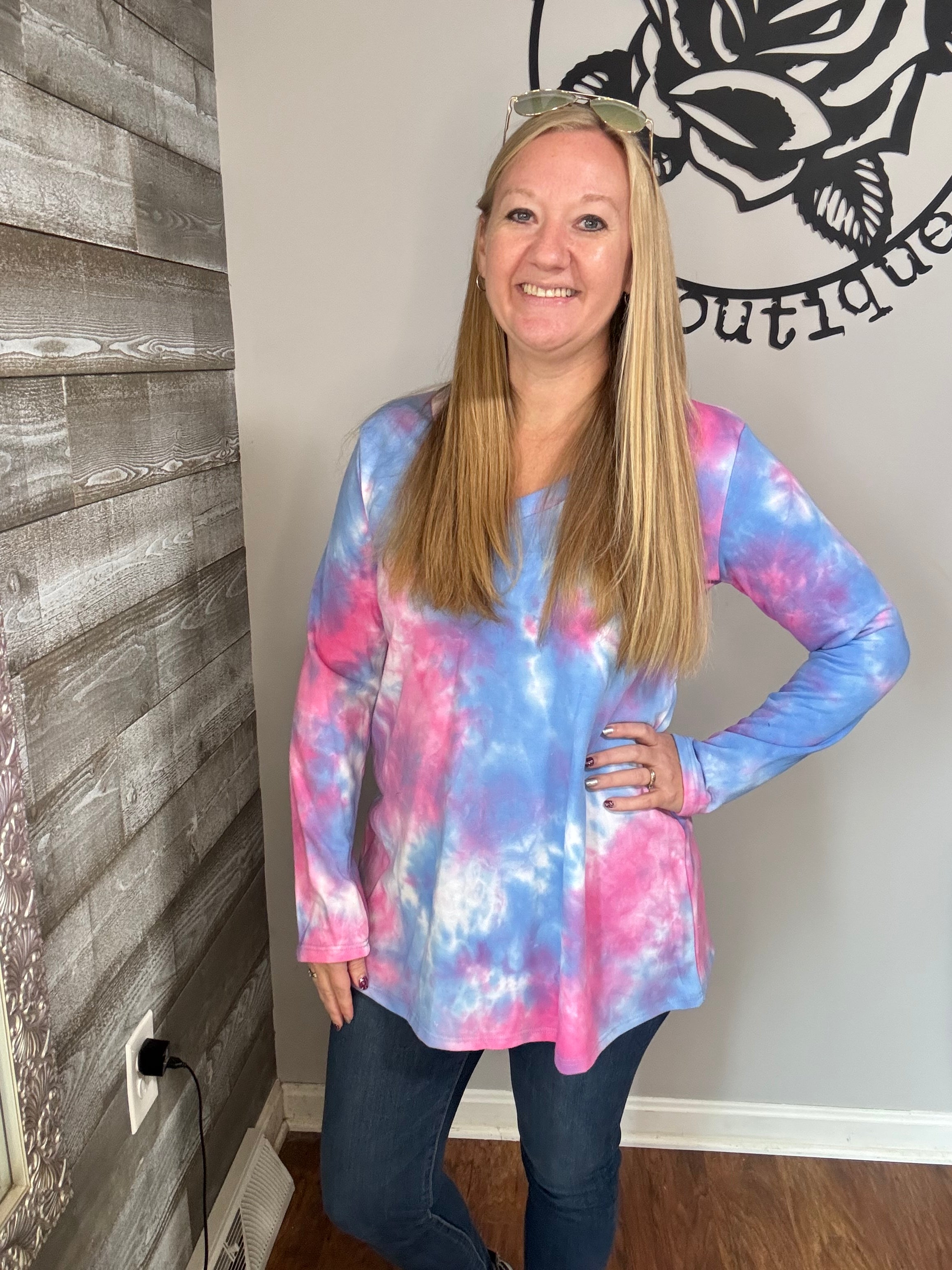 Pink blue tie dye French terry tunic top. S/m/l