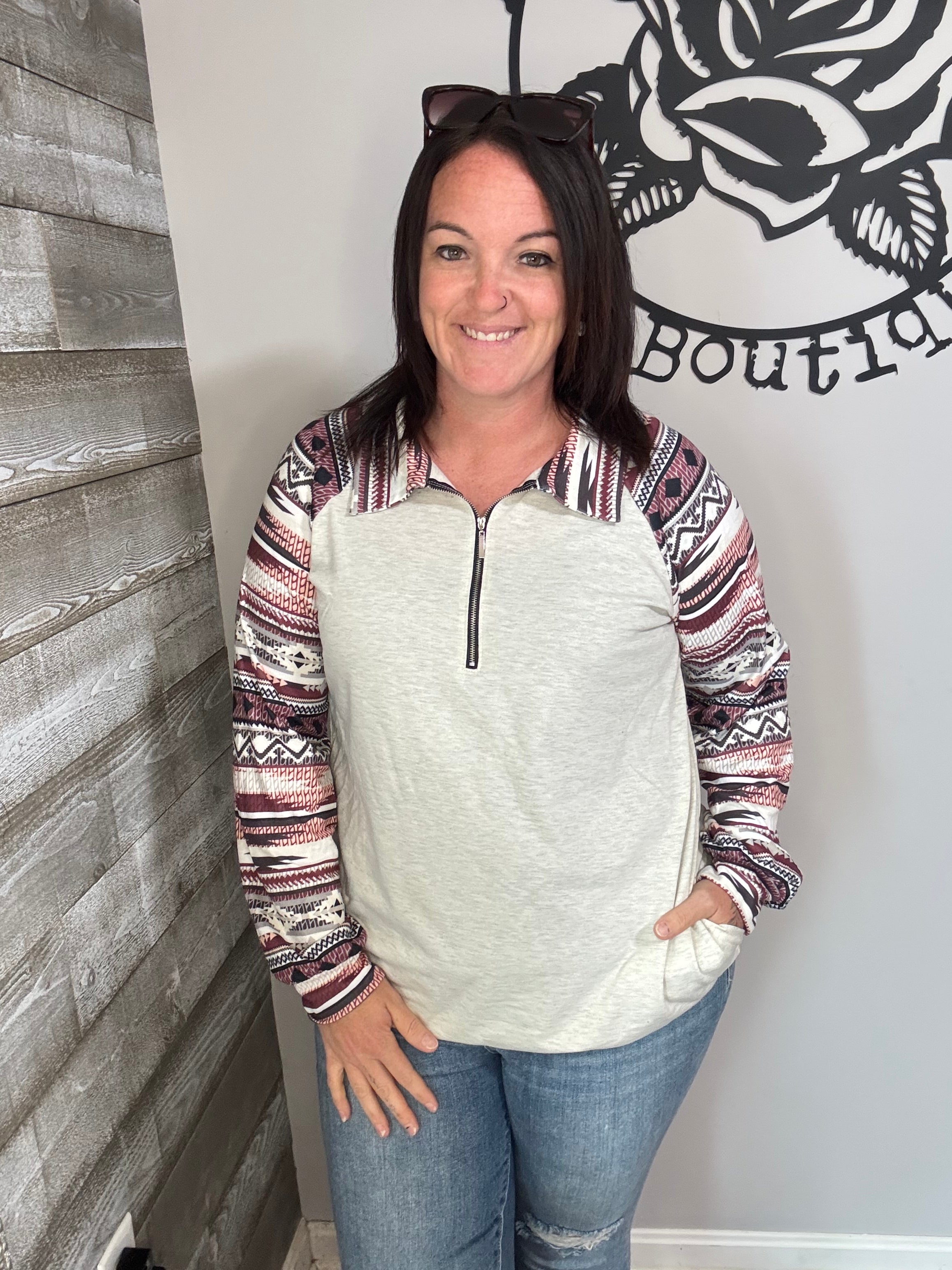 Oatmeal and Aztec half zip top. 1x/2x/3x