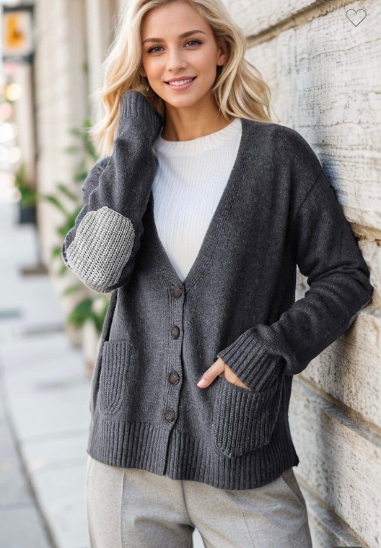 Charcoal cardigan with elbow patches. 1x/2x&2x/3x