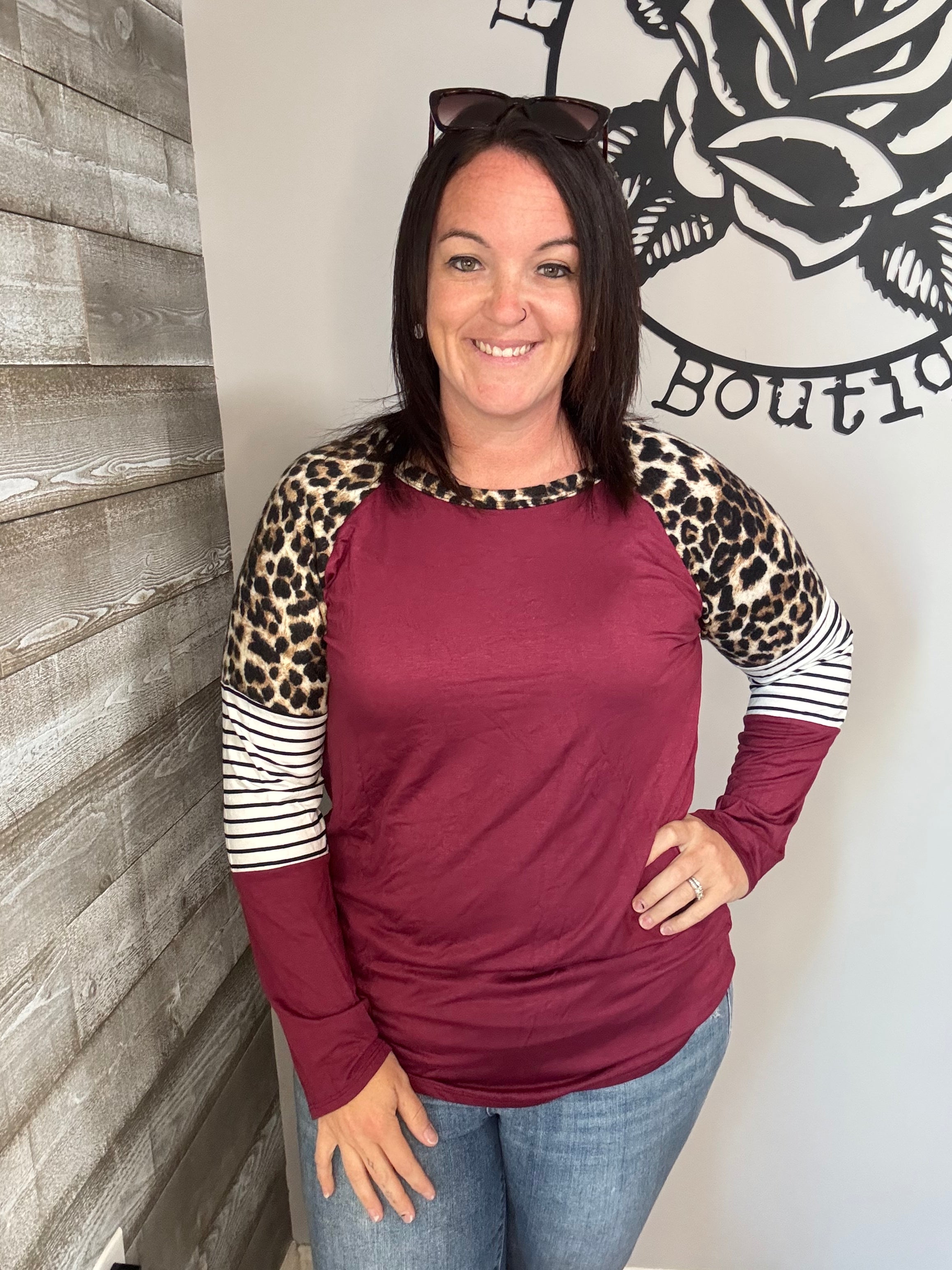 Burgundy leopard stripe color block sleeve top. 1x/2x/3x