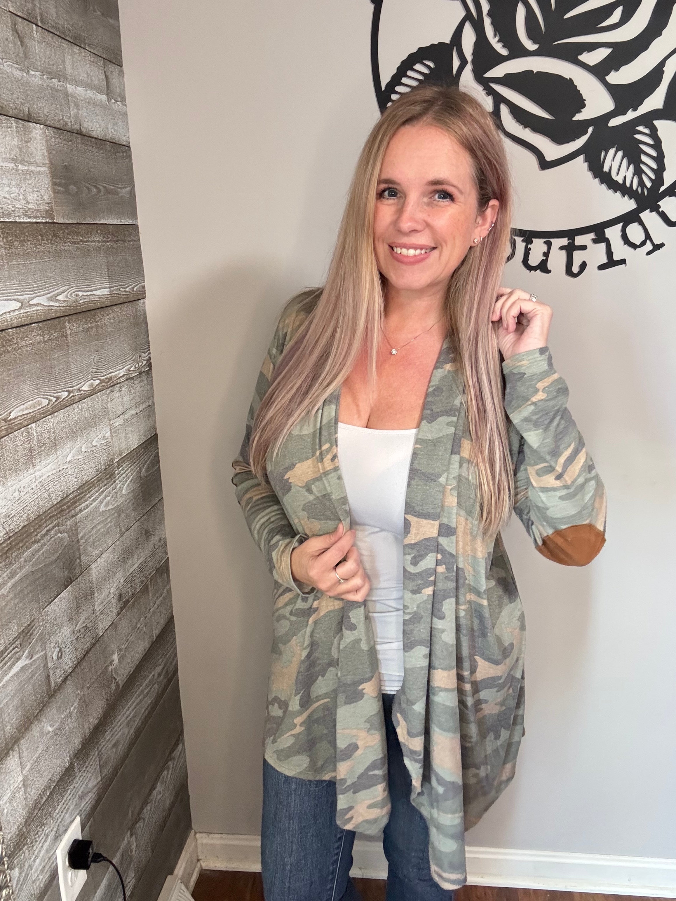 Camo cardigan with elbow patches. S