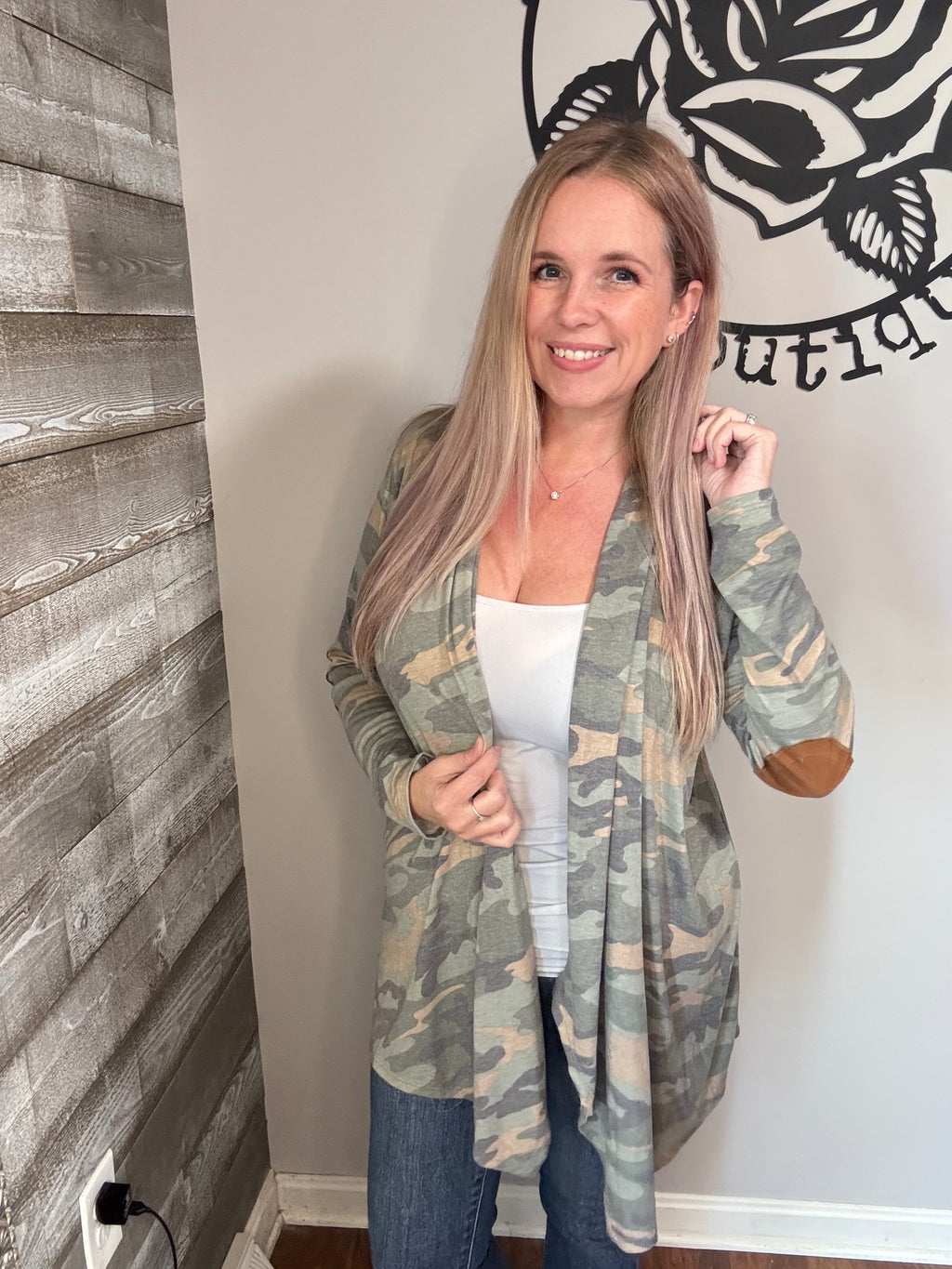 Camo cardigan with elbow patches. S