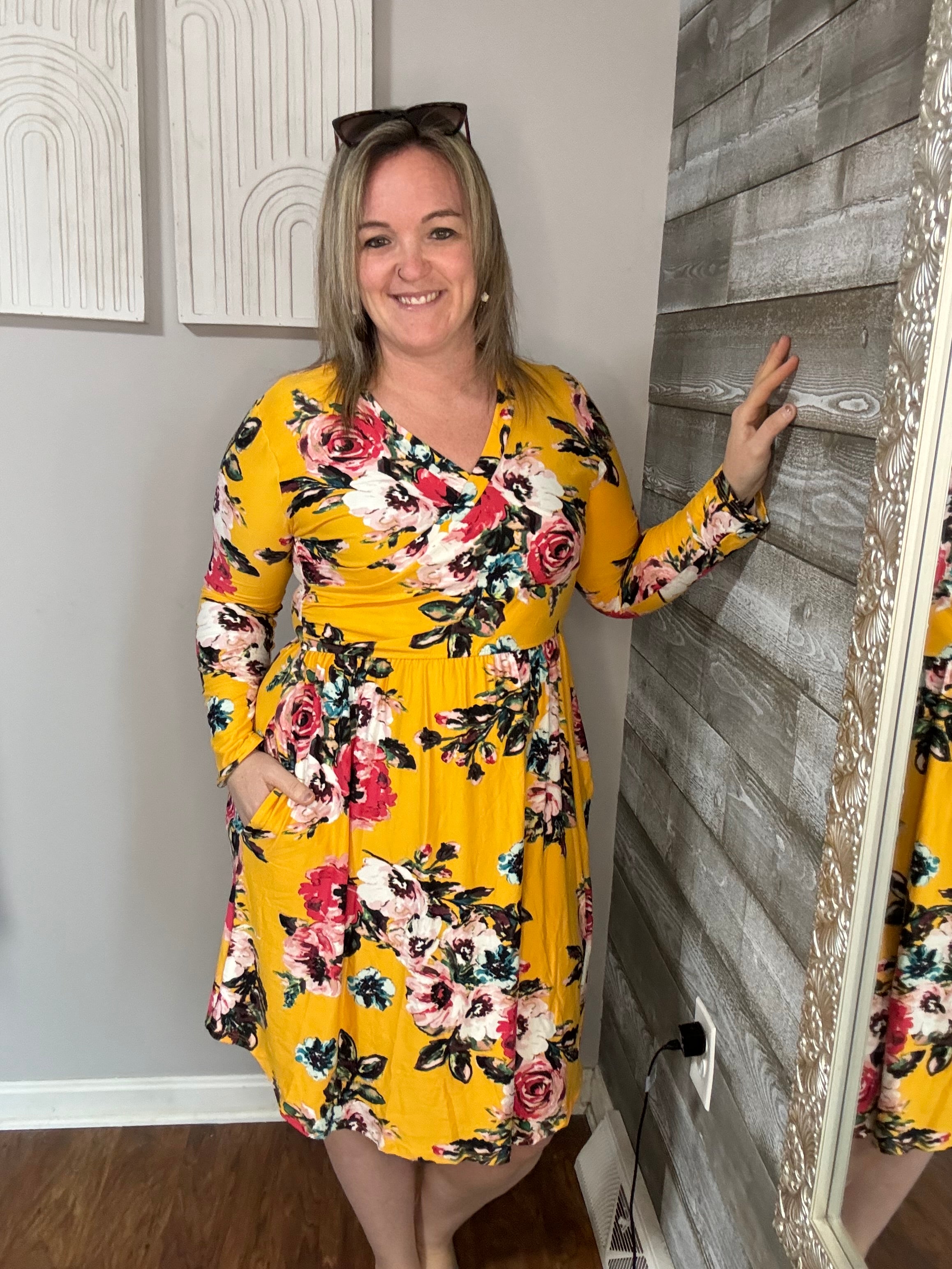 Mustard Floral Print Surplice Dress. 2x