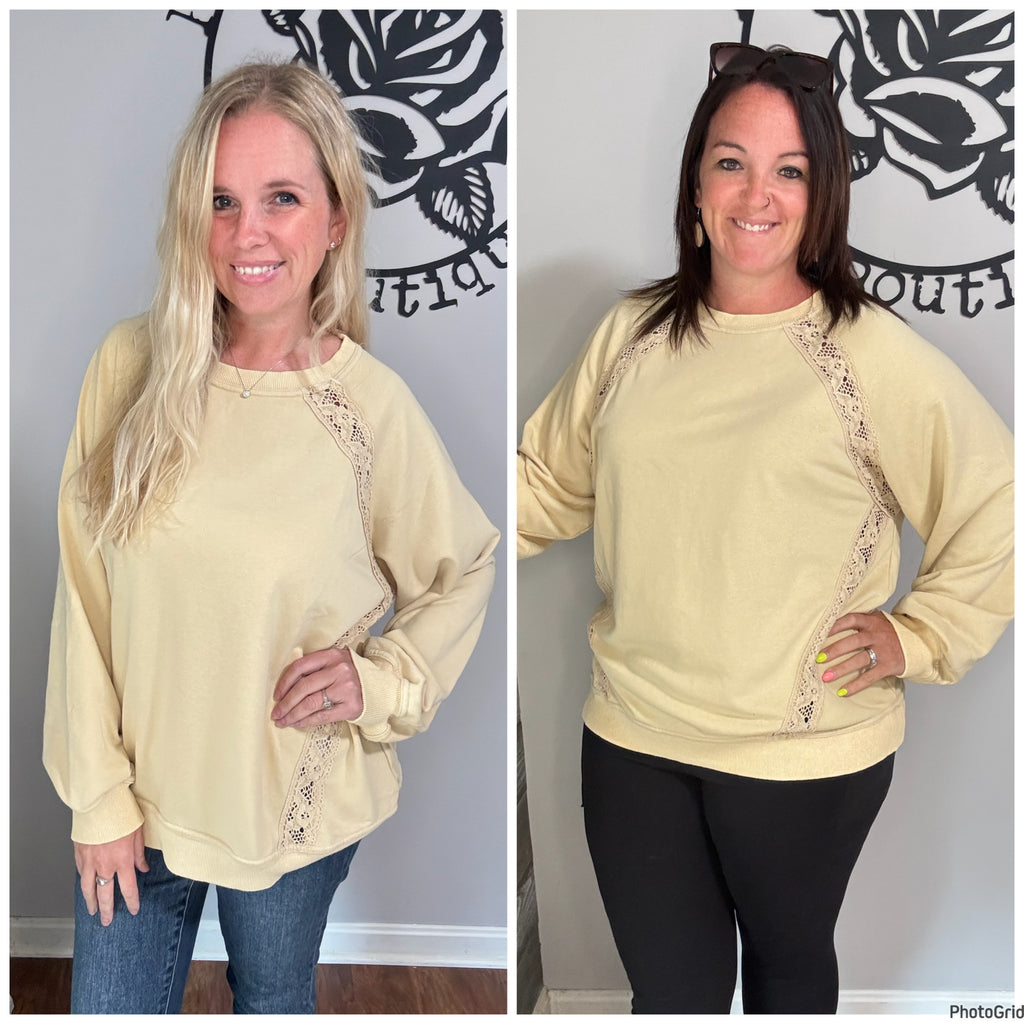 Natural lace trim detailed mineral washed knit top. S&m