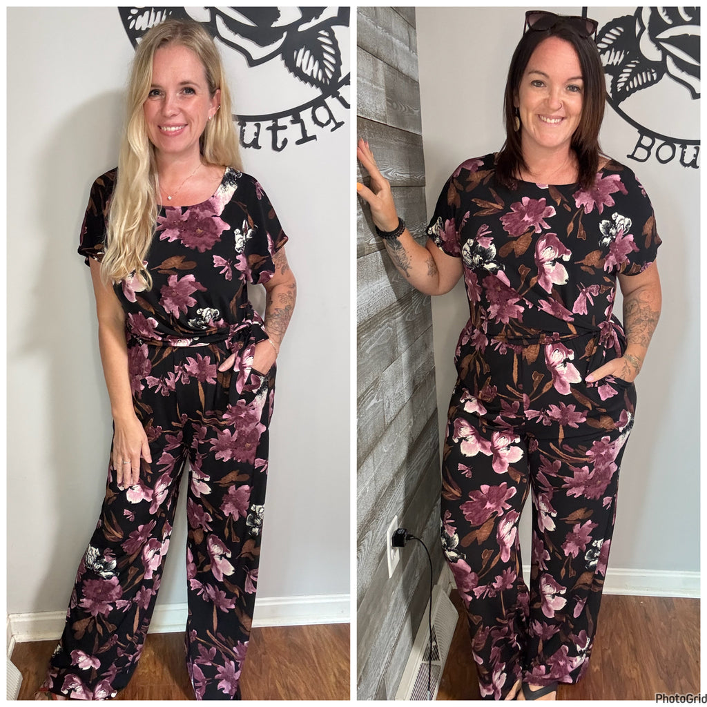 Black plum floral side tie jumpsuit. S&M