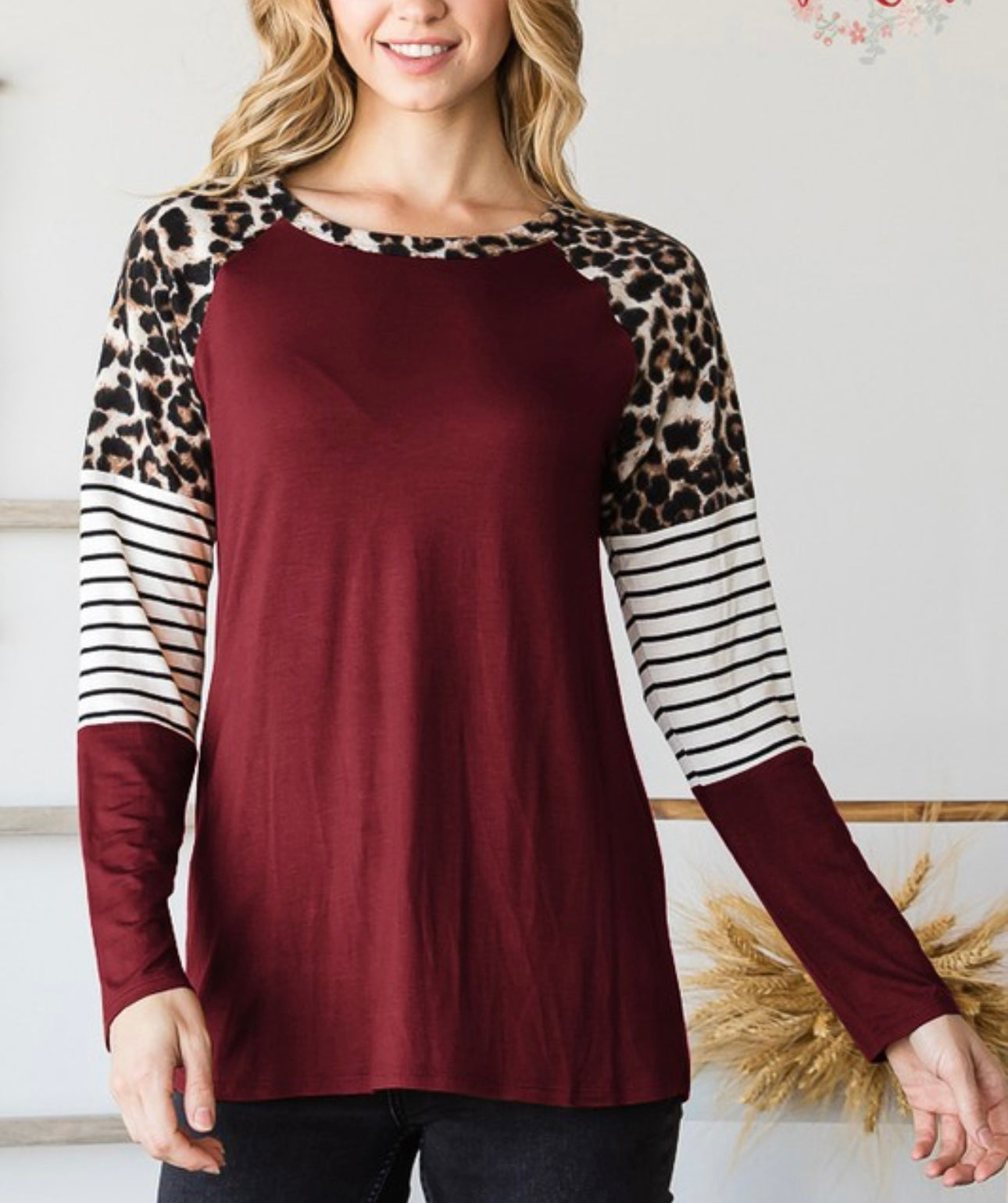 Burgundy leopard stripe color block sleeve top. 1x/2x/3x