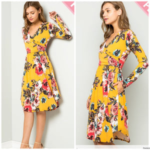 Mustard Floral Print Surplice Dress. 2x