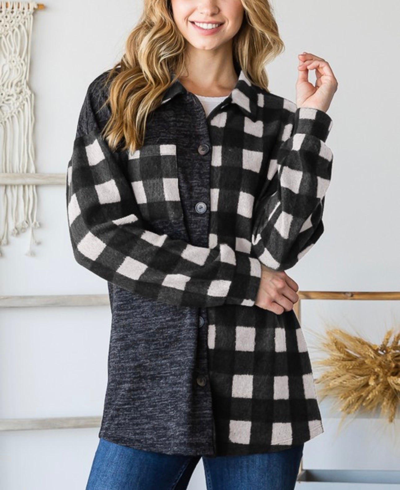 Tan and charcoal plaid button down shirt.  S/m/l