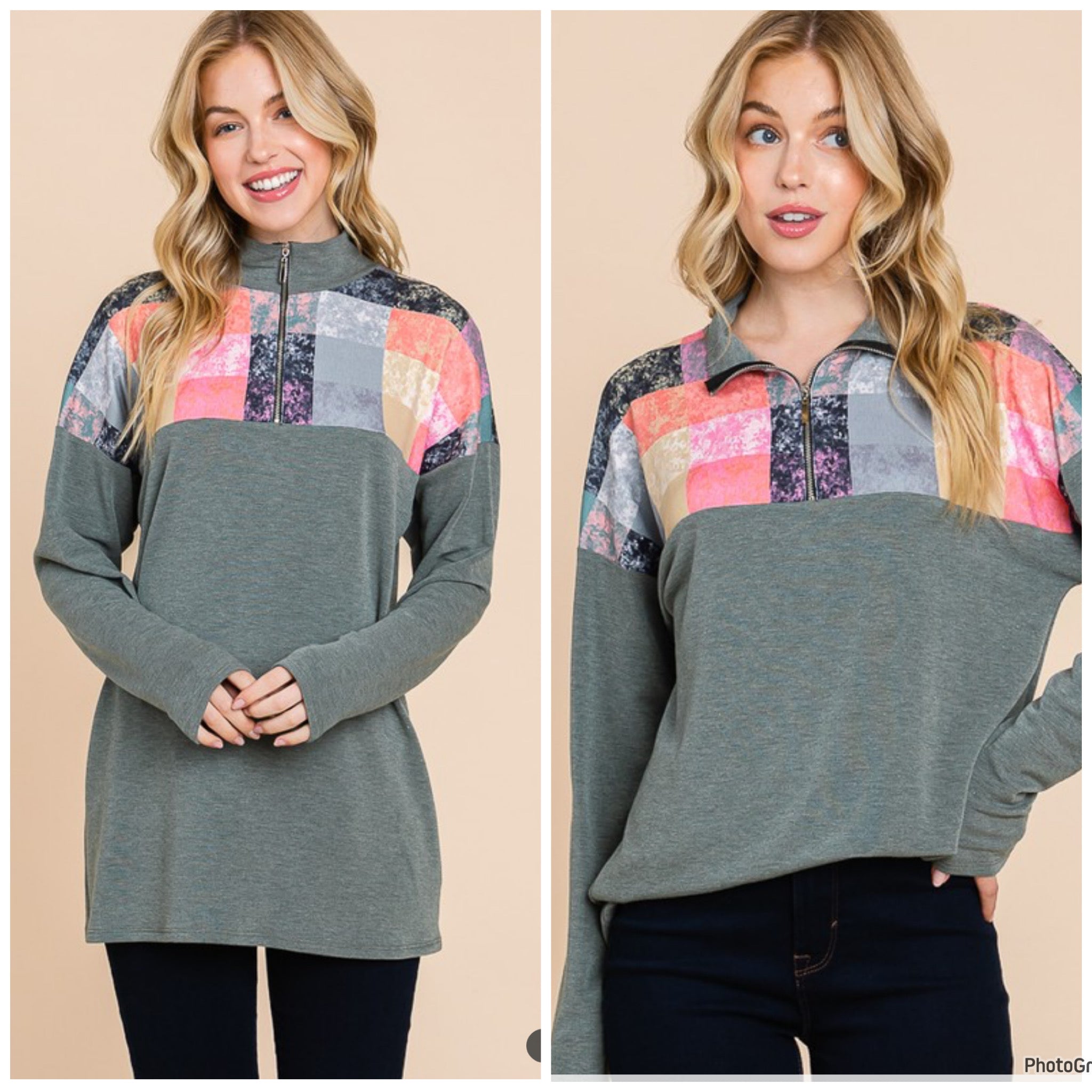 Olive and pink patchwork half zip top. 1x