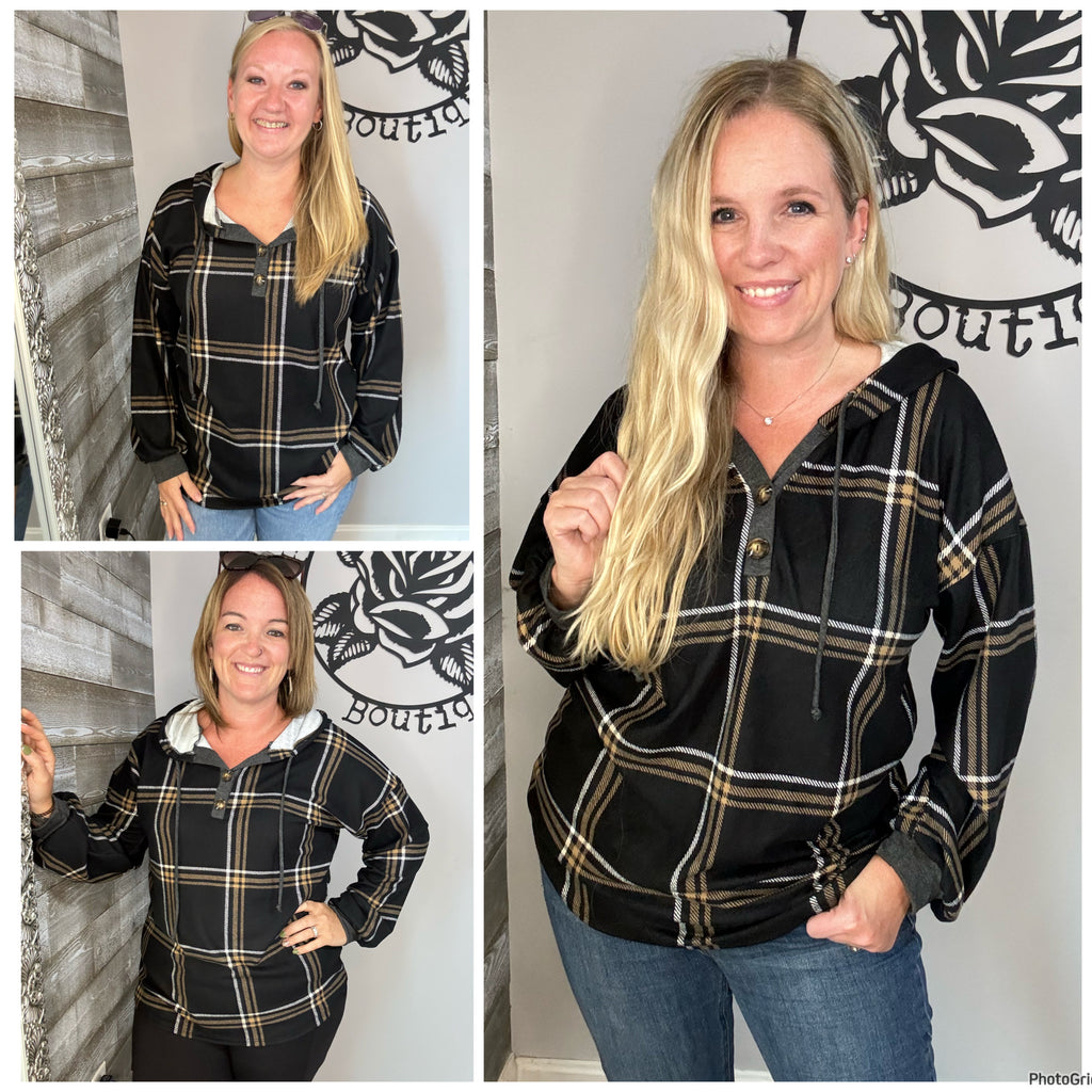 Black Plaid Hoodie Top S&L