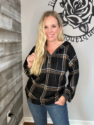 Black Plaid Hoodie Top S&L